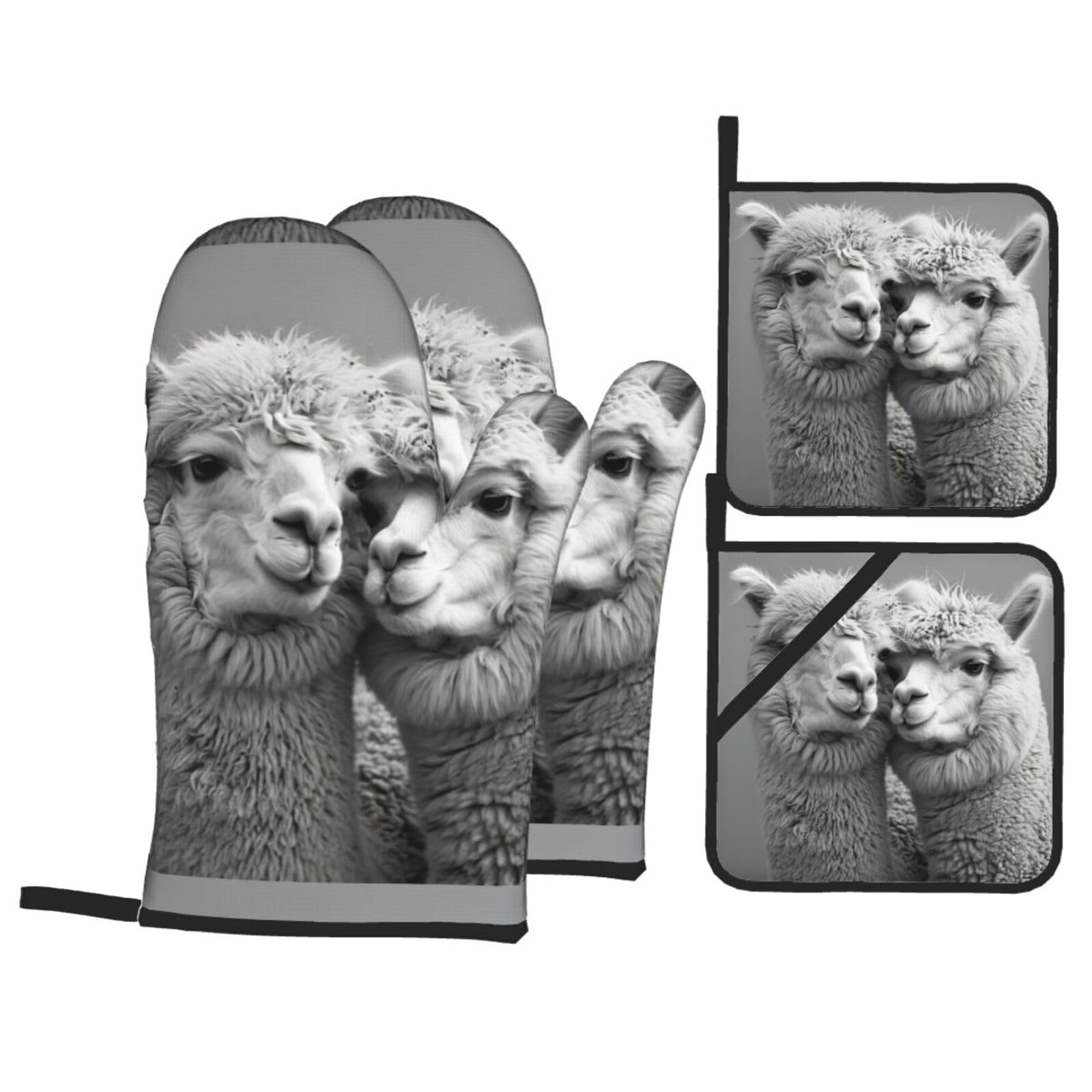 I Love Alpacas Print Kitchen Oven Mitts And Pot Holders Set,Hanging Loop Design For Cooking Baking Bbq