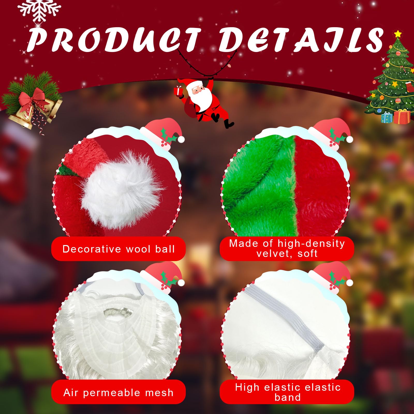TUONYIS 2 Pieces Santa Costume,Red and Green Striped Christmas Hat Santa Beard,Christmas Decorations Xmas Hat,Santa Hat Santa Mask for Children Adults Christmas Party New Year Festive Party (2 PCS) - Image 3