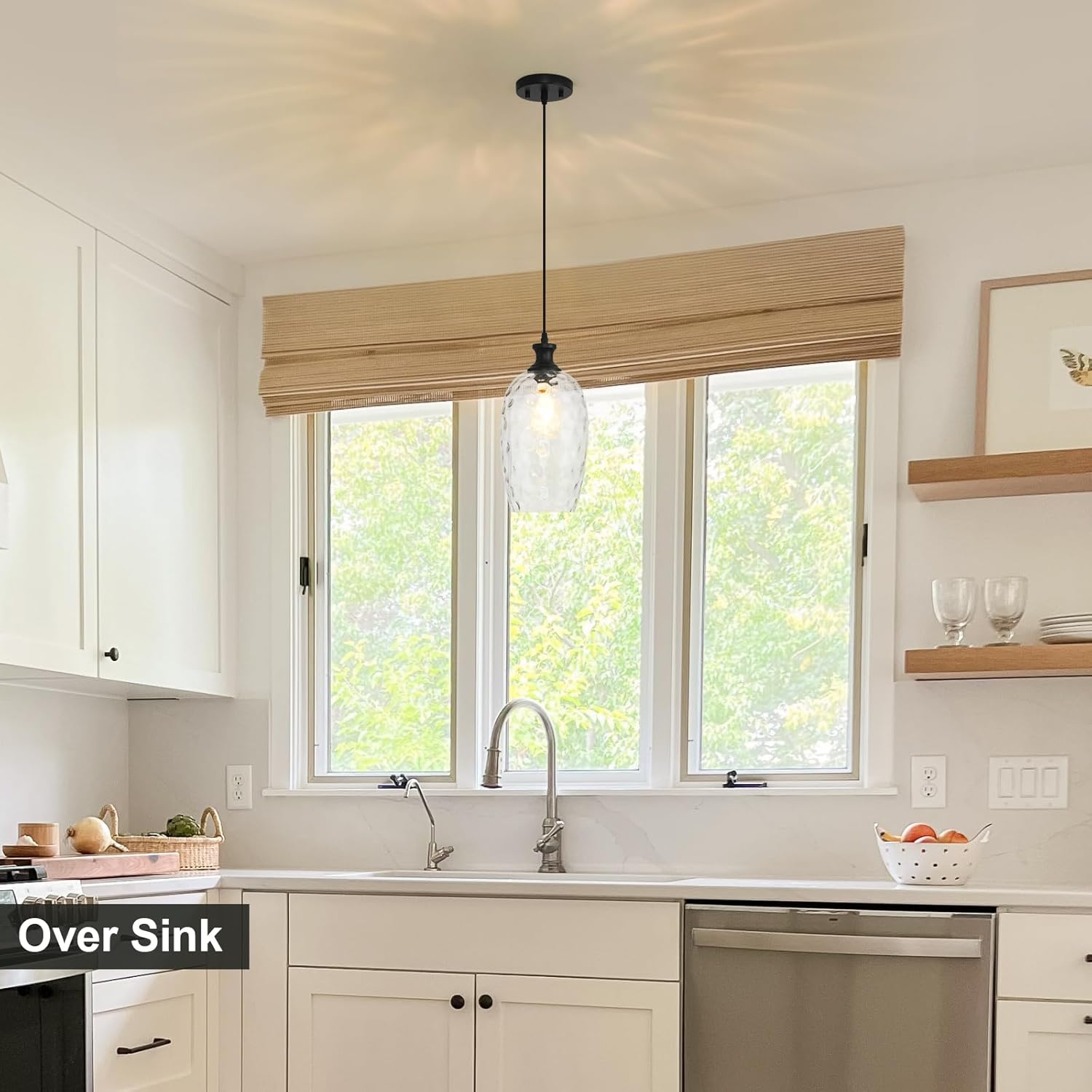 Large Glass Pendant Lights Kitchen Island 7.1in, Black Pendant Light Fixtures with Hammered Clear Glass for Kitchen Over Sink Dining Room Bedroom, E26