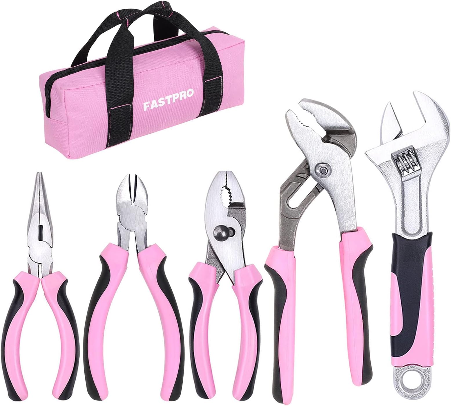 FASTPRO 5-Piece Pink Utility Pliers Set with Storage Bag, Includes Groove Joint, Diagonal, Long Nose, Slip Joint Pliers and 8" Adjustable Wrench
