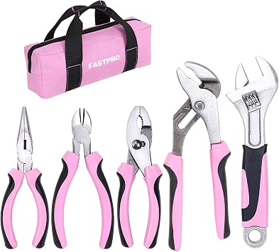 FASTPRO Saklama  antal  5 Par a Pembe Yard mc  Pense Seti, Oluklu Ortak Pense,  apraz Pense, Ayarlanabilir Anahtar, Uzun Burun Pense, Kayma Eklem Pensesi