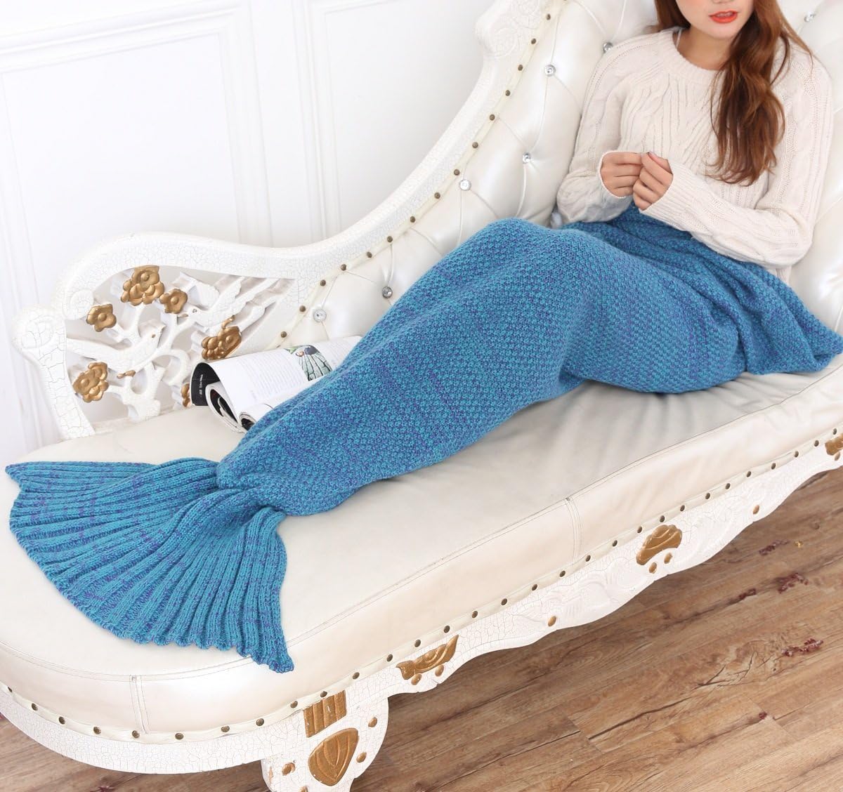 FADFAY Soft Mermaid Blankets for All Year Crochet Mermaid Blanket for Adult37''*76''Lake Blue