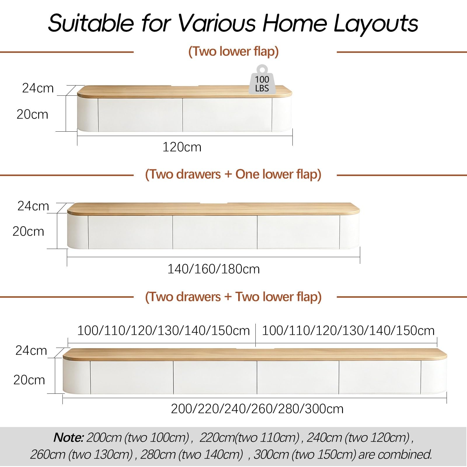 Meuble TV moderne en noyer noir avec tiroirs de rangement, meuble de divertissement mural en bois pour salon, chambre à coucher, bureau - 140-200 cm (blanc et 120 cm)