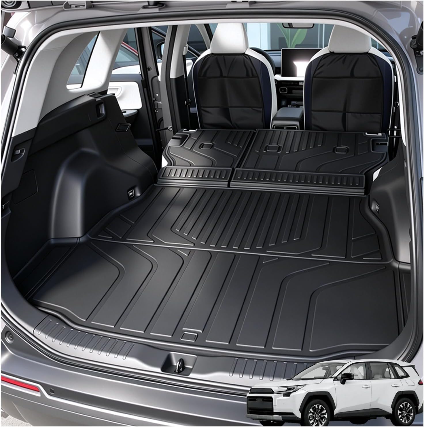 All Weather TPE Floor Cargo Liner with Backrest Mats,Compatible with 2026 Toyota RAV4 Hybrid,Odorless Anti-Slip Full Season Rear Cargo Mat Accessories,Exclude PHEV Models & Cargo Area with Subwoofer