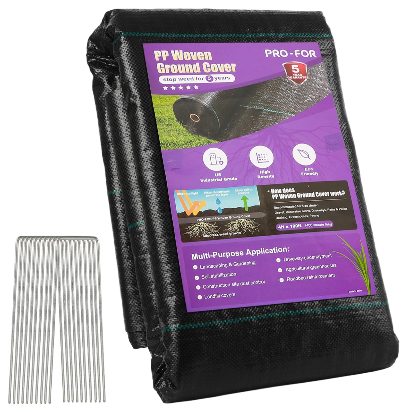 4FT x 100FT 3.2oz Heavy Duty Weed Barrier Landscape Fabric – Premium Woven Ground Cover for Gardening, Farming & Driveways, Breathable Weed Control Cloth with 10 U-Shaped Securing Pegs