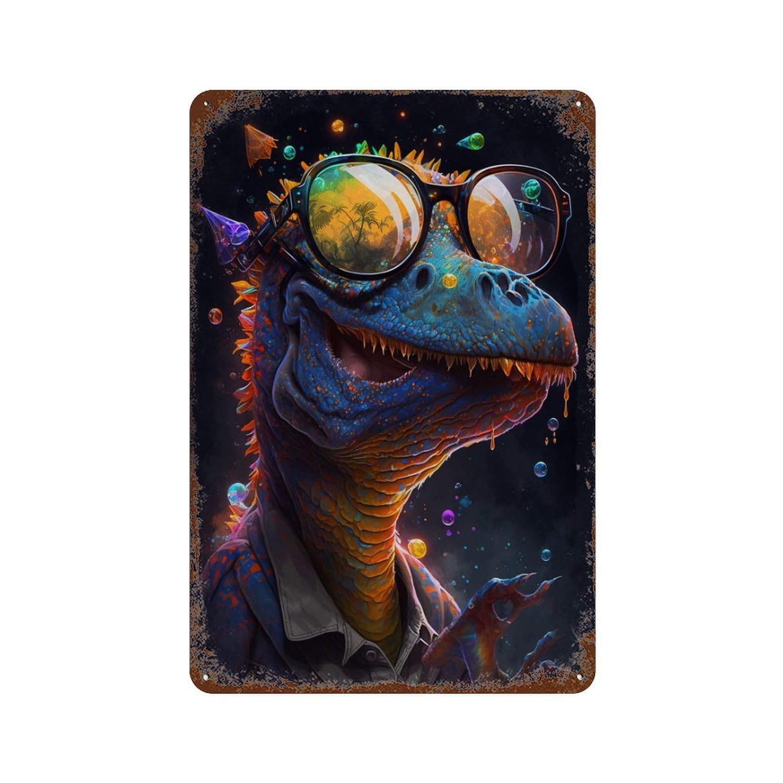 Garage Style Colorful Dinosaur Sunglasses Art Vintage Rust Metal Sign 11.8"x7.9", Novelty Wall Decor for Bar And Workshop