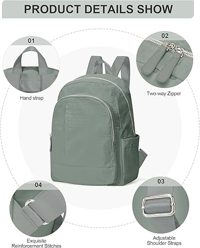 Miniatura 5 de Mini mochila para mujer, tamaño mediano, pequeña, negra, mochila de viaje, mochila universitaria, A-gris verde, Compacto