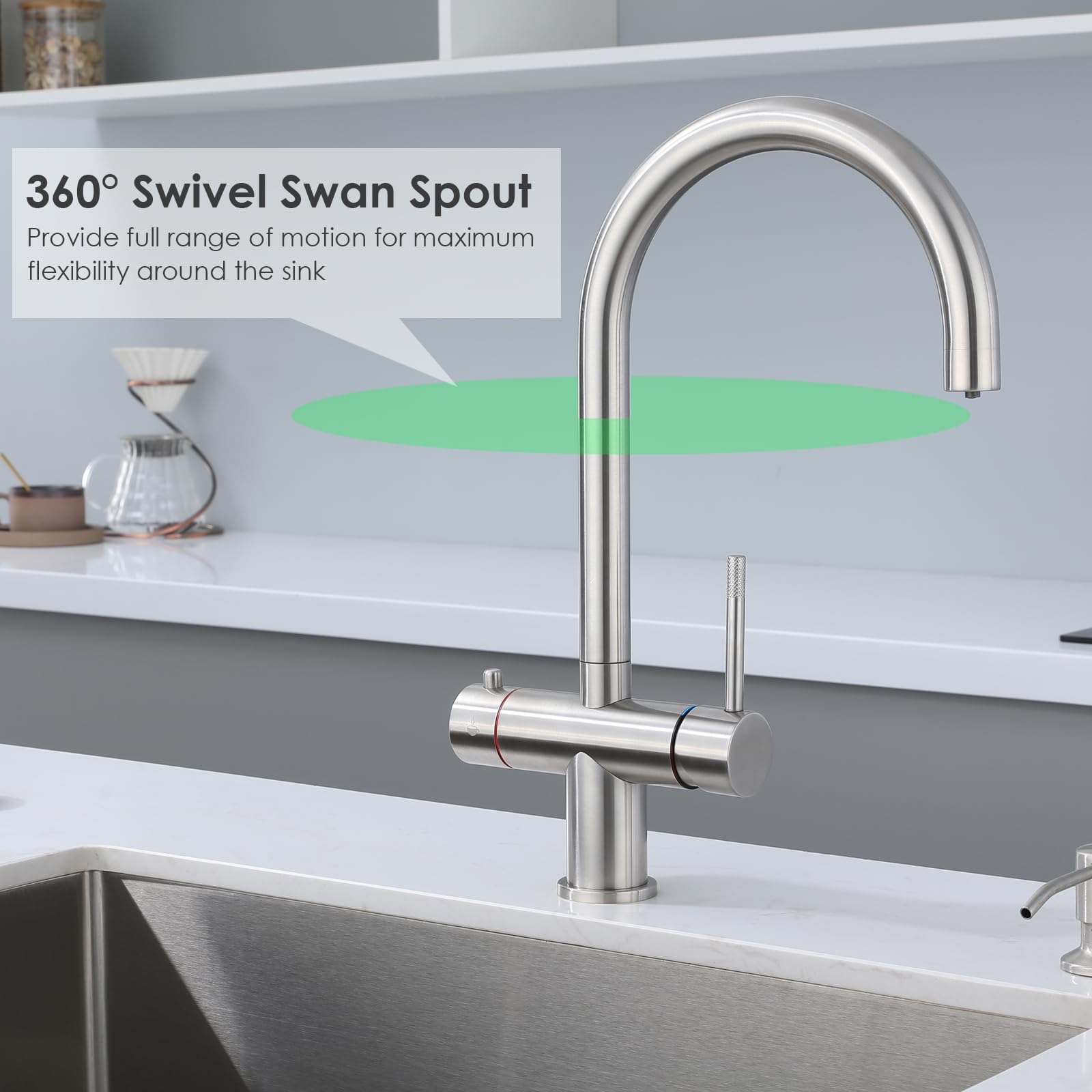 Robinet d'eau bouillante instantané complet avec réservoir et filtre 3 en 1 Robinet mélangeur d'eau bouillante de cuisine Distributeur d'eau chaude en acier inoxydable brossé