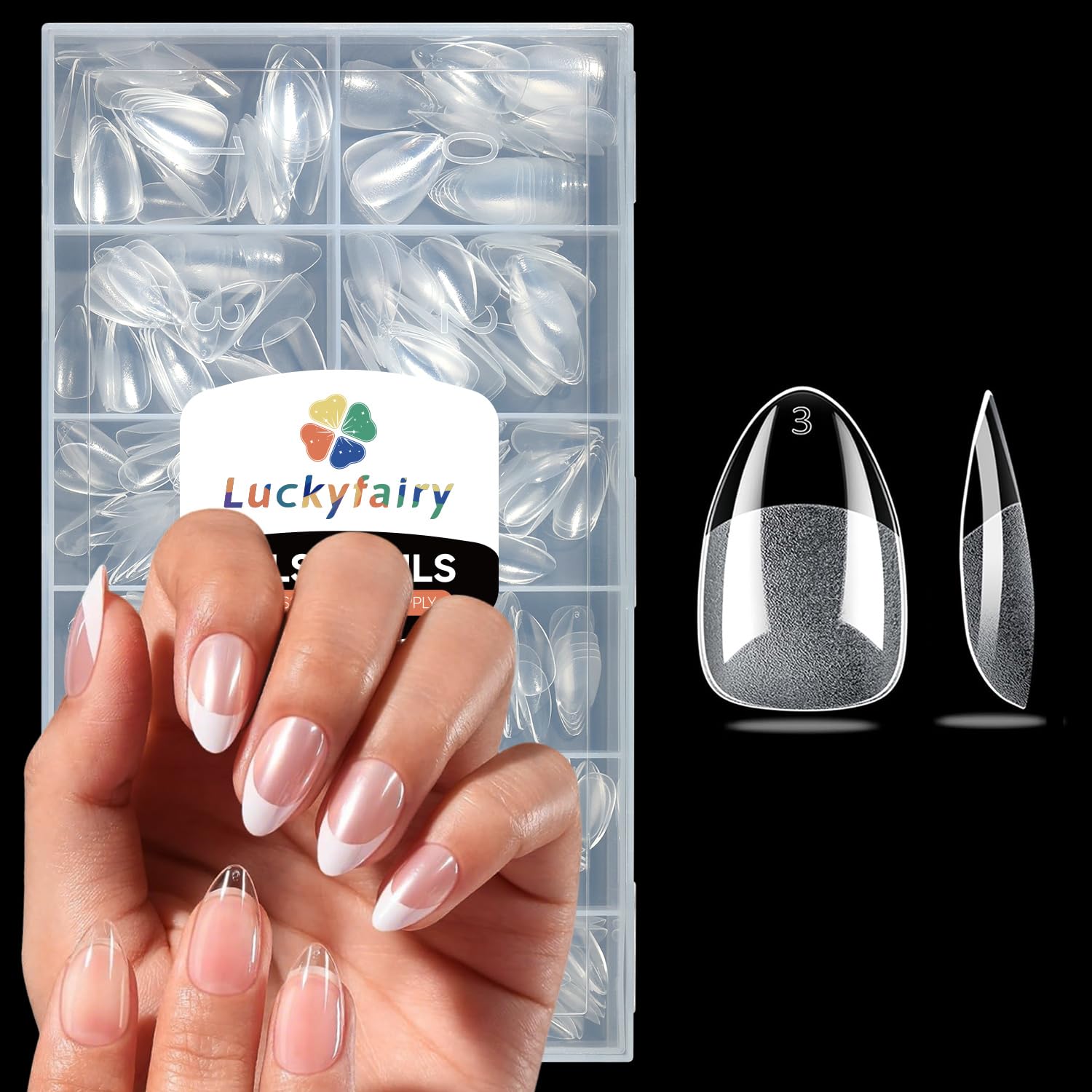 Luckyfairy Short Almond Nail Tips, 240pcs Pre-Etched X-SOFT Gel Nail Tips | Full Cover Pre-Shaped Acrylic Fake Nails, Snag-Free Edge, No Filing Needed, Clear Press on Nails, Salon DIY Nail Extensions