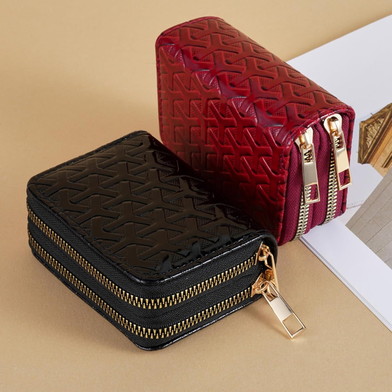 PU Leather Accordion Card Wallet, Double-Layer Zippered Card Holder for Women Men Multi-Slot Large Capacity Card Organizer Compact Travel Wallet with Coin Purse ID Window (Red) - Image 5