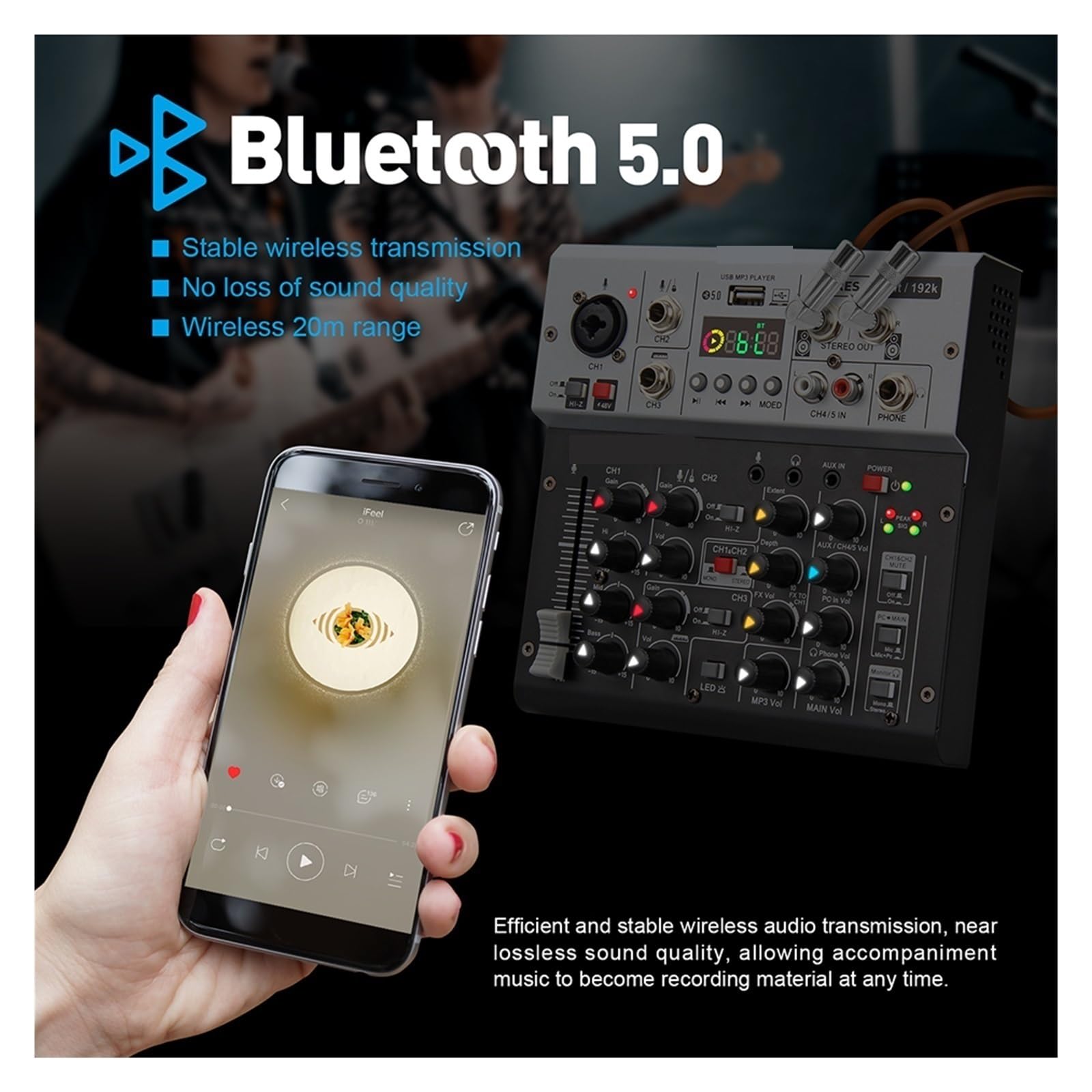 DJ-Mixer, Interface-Soundkarte mit Überwachung, Studioqualität 24bit 192k, 5.0 BT PC, Live-Aufnahme von E-Gitarre, Gesang