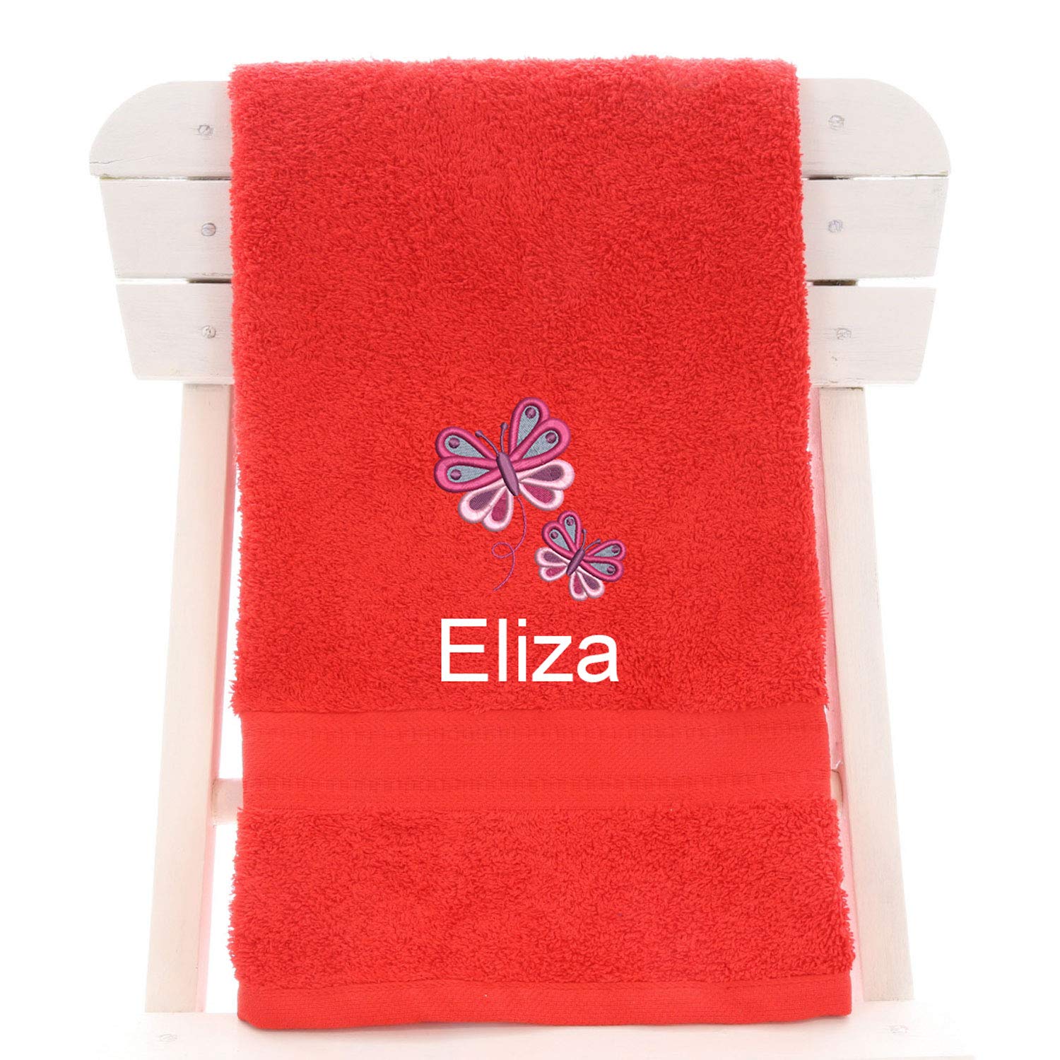 aztex Personalised Children's 100% Cotton Bath Towel with Butterfly Logo & Name, 550gsm, 70cm x 130cm - Red