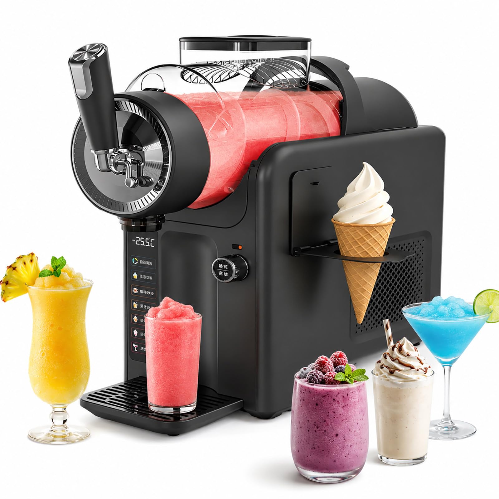 vnmudzeo Soft Serve Ice Cream Maker and Slushy Machine - 2L Freeze Drink Machine, 185W, No Ice Needed, LED Display, Auto Clean Black