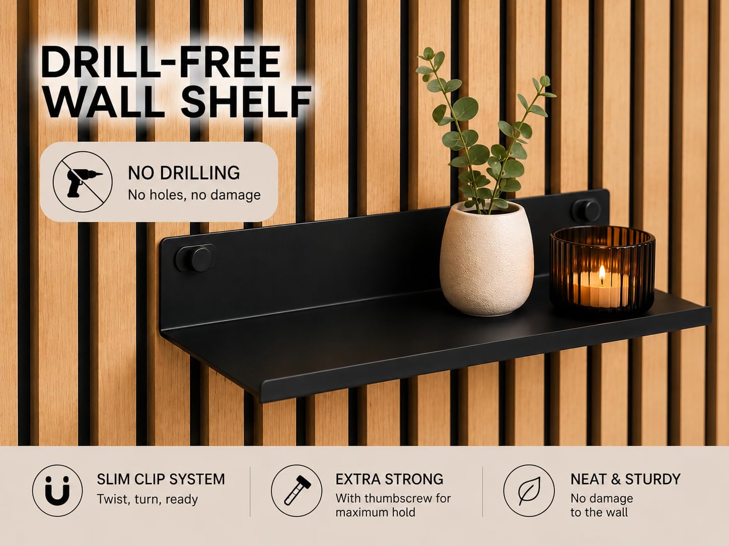 Regal für Akustikpaneele ohne Bohren – 34,4 cm, 2er-Set universell – Schweberegal Metall Schwarz – Akustikpaneele Zubehör & Ablage für Deko & Pflanzen – Wandregal für Akupanel & Lamellenwand