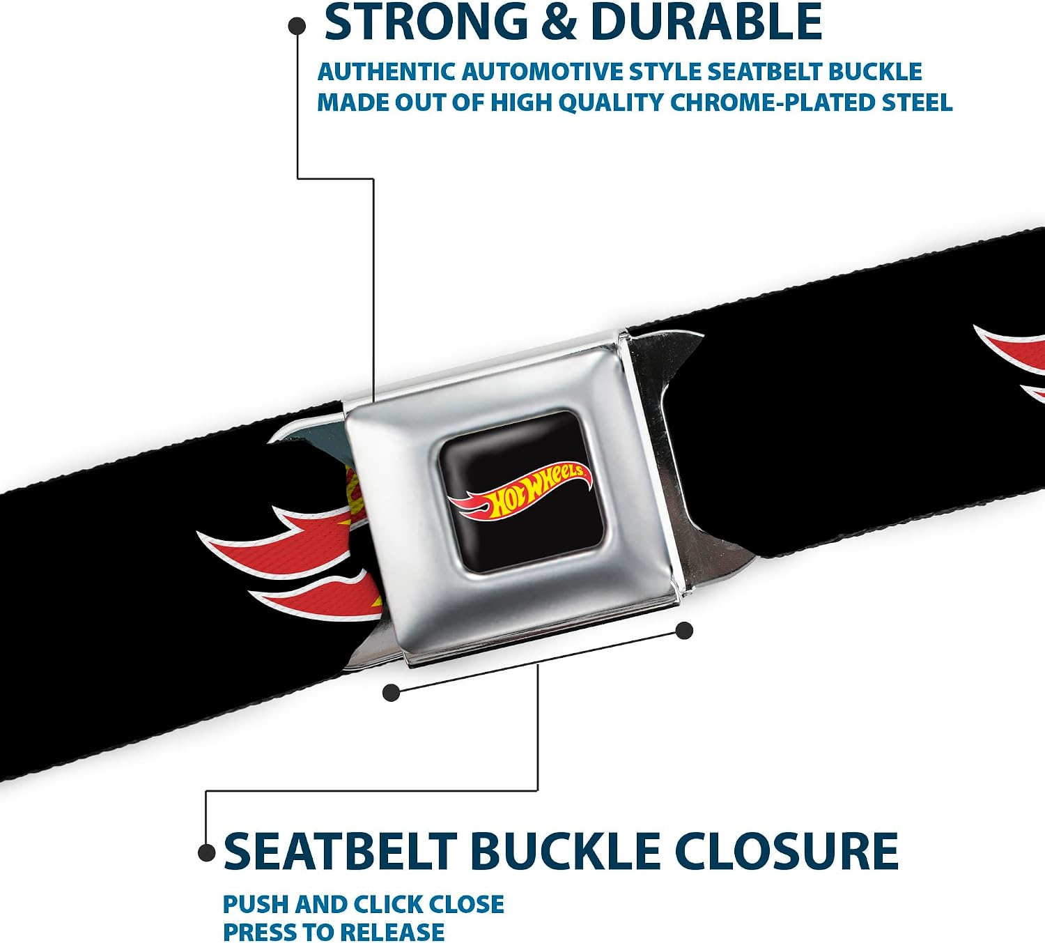 Mattel Belt, Seatbelt Buckle Belt, Hot Wheels Classic Flame Logo Black Red Yellow, Adjustable