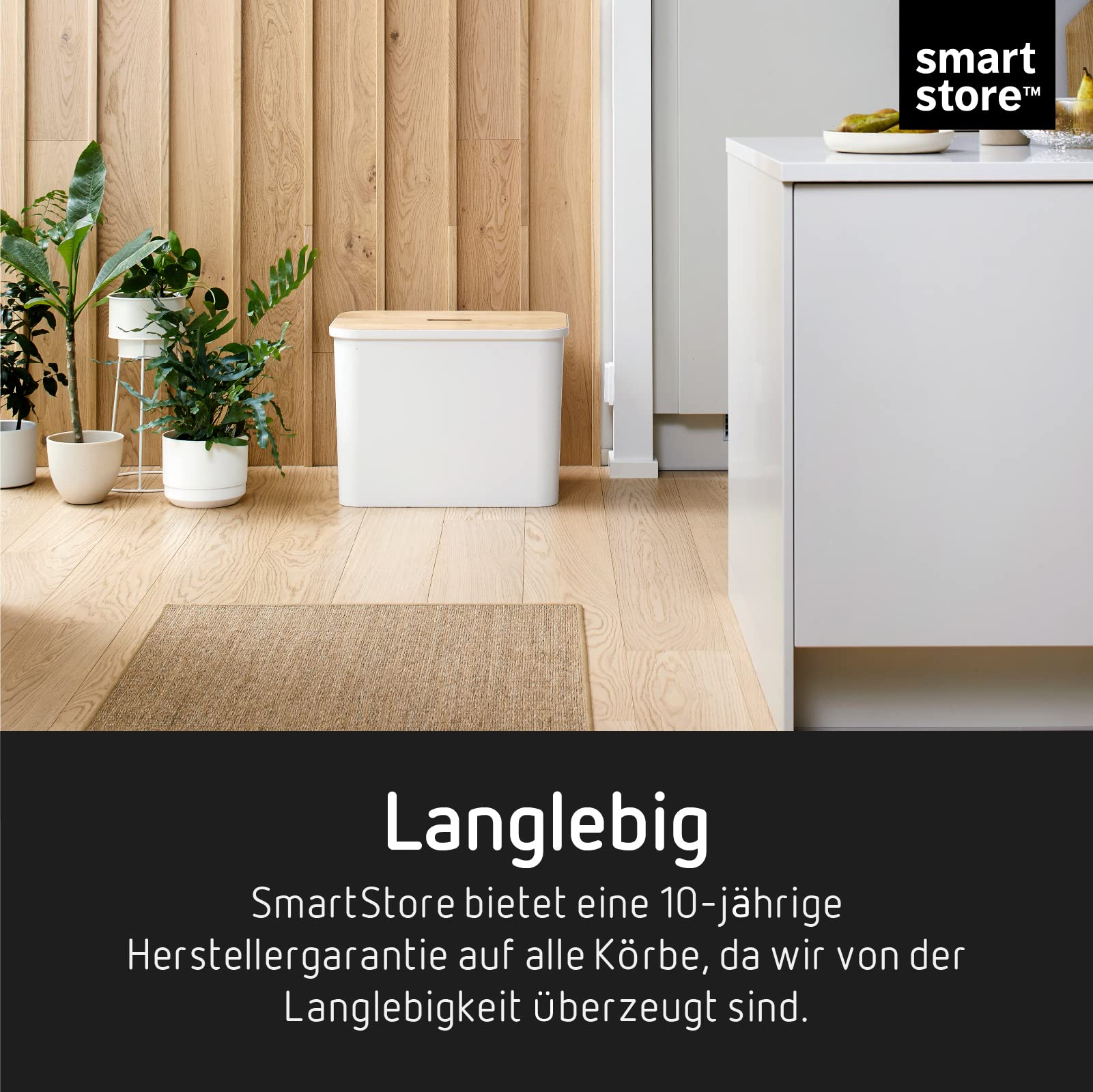 SmartStore Recycling-Mülleimer – 76 l großer Kücheneimer mit Holzdeckel, 3 x 13 l Eimereinsätze, 2 x kleine Deckel – stabile Recycling-Mülleimer für die Küche – weißer Kücheneimer