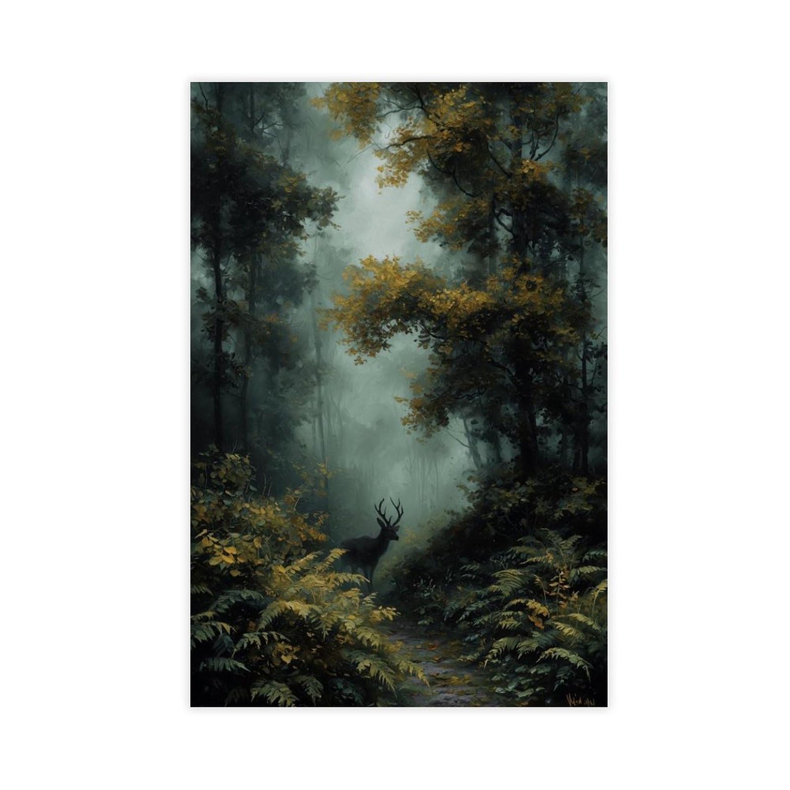 Bareronor Brown Misty Autumn Forest Stag Canvas Poster Bedroom Decor Landscape Office Room Decor Gift 24" L X 36" W