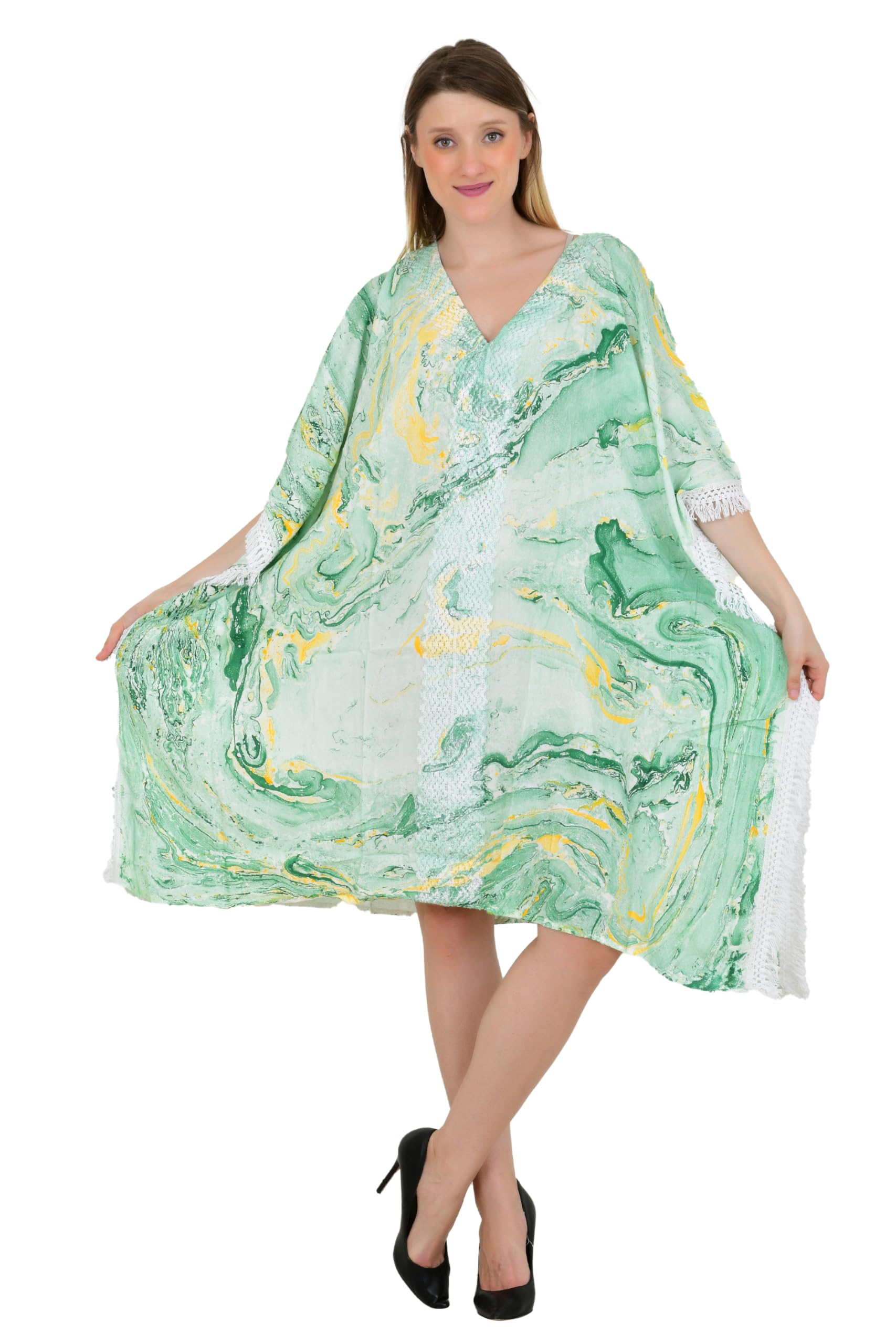 High Street Fashion One Size Rayon Kaftan Dress Tie Dye Marble Print Frill Lace Sleeves, V-Neck Women’s Maternity & Beachwear Cover Up Vacation Holidays Ladies Club Wear-picture-11