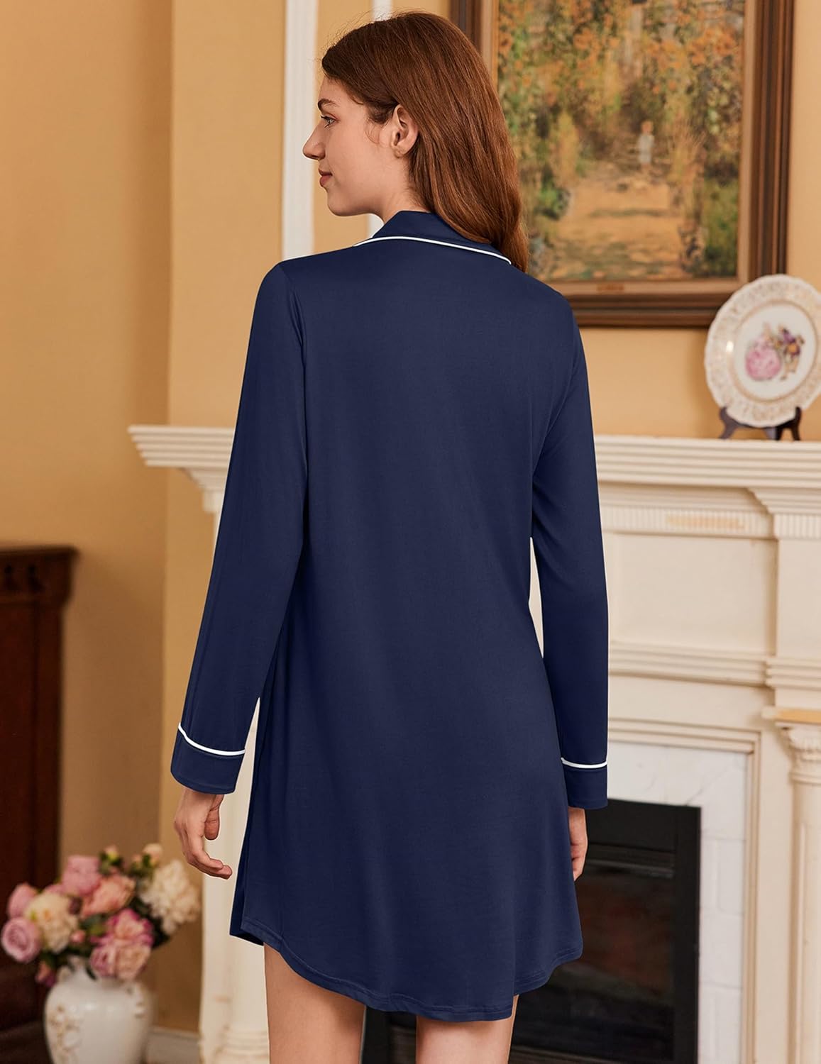 Ekouaer 2 Pack Nightgowns for Women Long Sleeve Night Shirt Button Down Sleep Shirt V-Neck Sleep Dress Pajama Sleepwear - Image 4