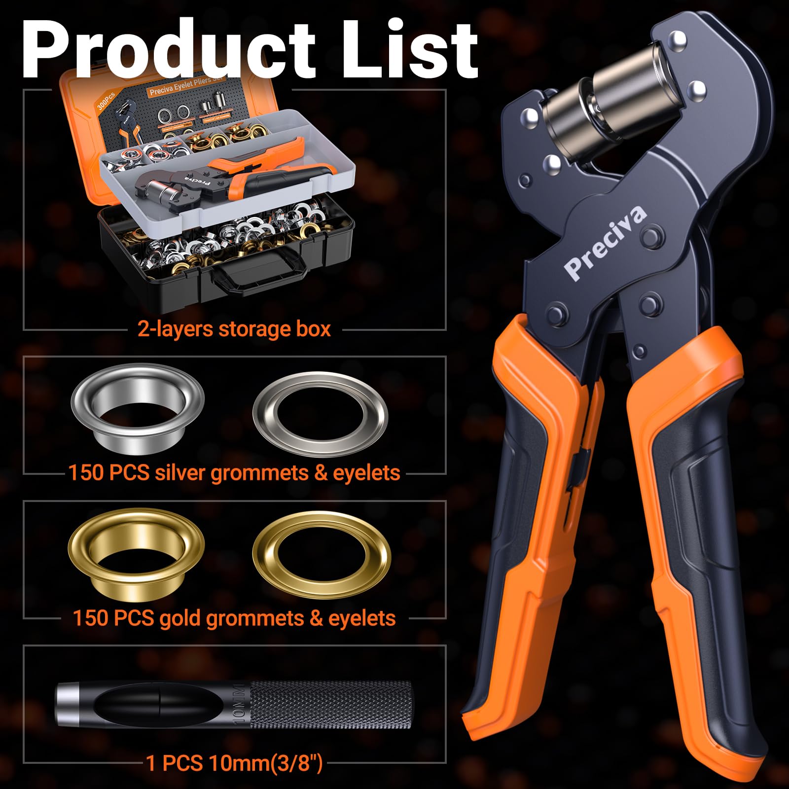 Ösenzange Set, Preciva Ösenzange 10 mm Ösenpresse mit Aufbewahrungsbox und 300 Ösen (Ø10 mm in zwei Farben) für PVC-Banner, Planen, Karton