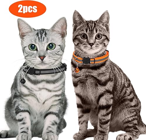 Miniatura 4 de Paquete de 2 collares reflectantes para gatos, collar de gatito para mascotas, ajustable, seguro, soporte para collar de gato con campanas,