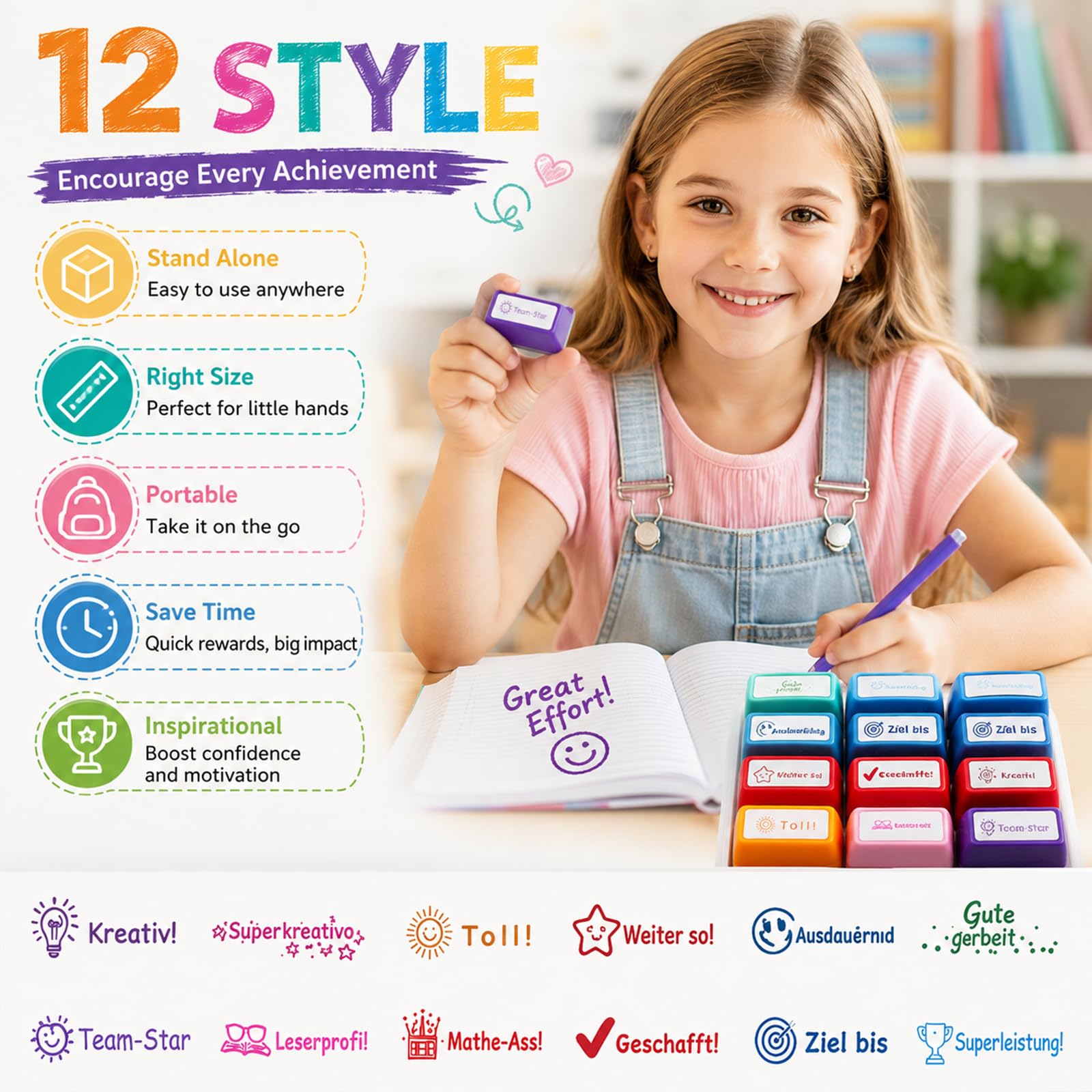 Set di 12 timbri motivazionali per insegnanti, per bambini, scuola e scuola domestica, timbri colorati per insegnanti e insegnanti