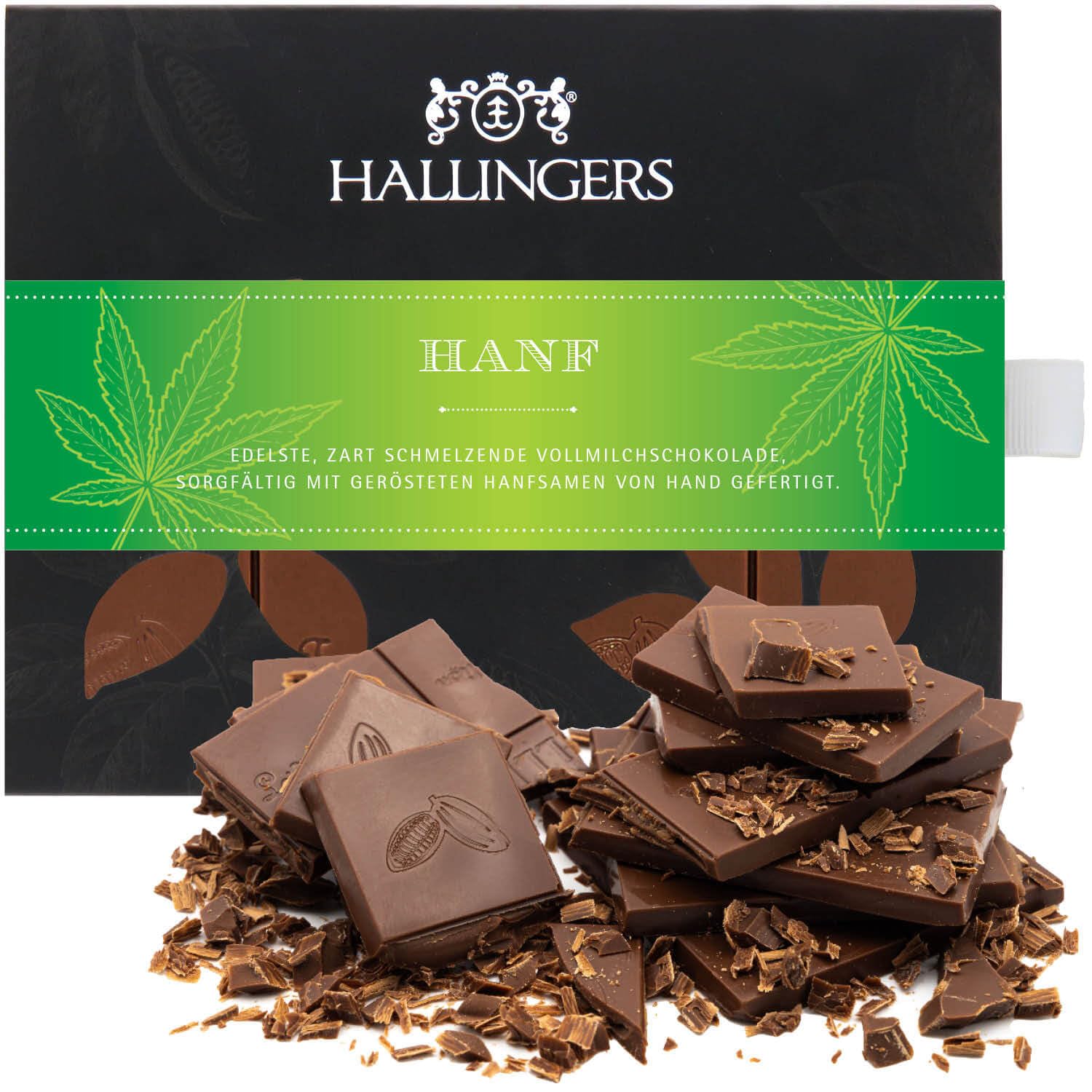 Hallingers Genuss Manufaktur Schokolade Geschenk - Tafel handgesch&ouml;pften Edelkakaos ohne Alkohol edler Karton "Hanf Vollmilch" Hanf, Geschenkidee f&uuml;r Frauen M&auml;nner