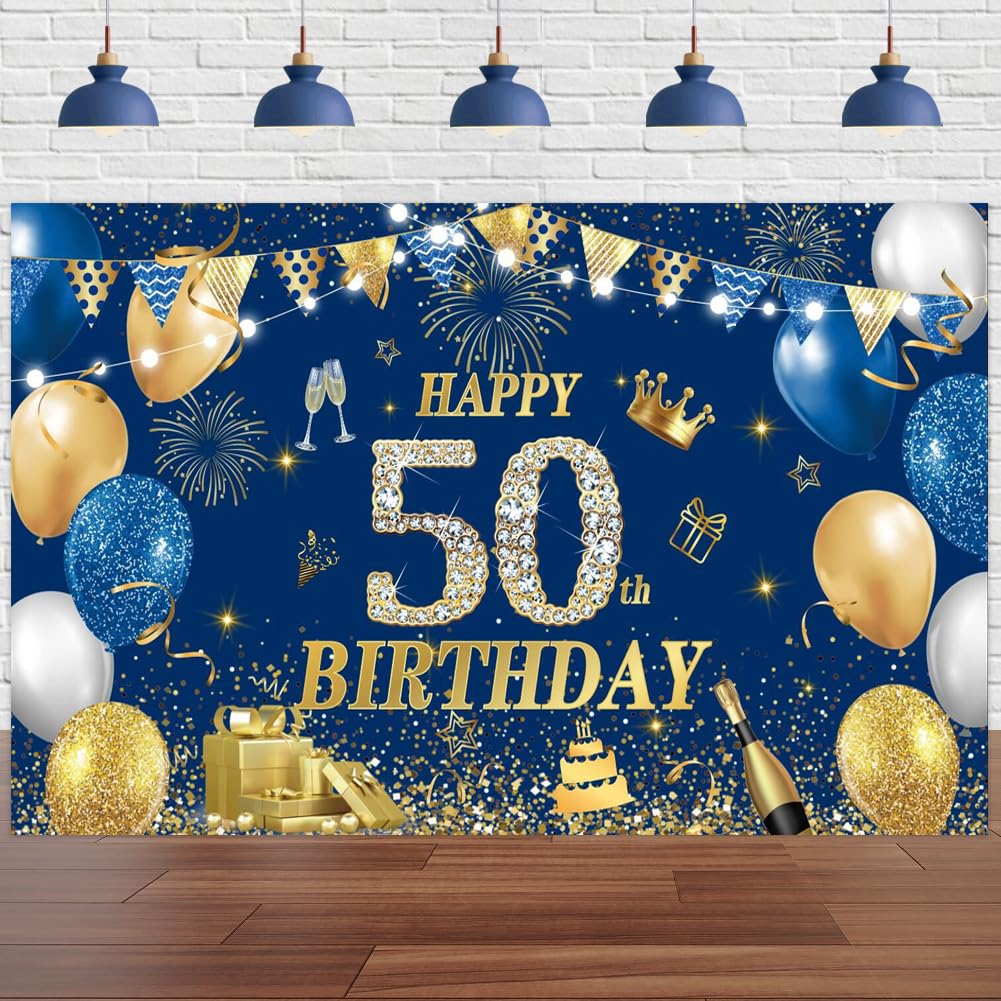 Yontree Happy 50th Birthday Banner Blue Gold, 1.8 x 1.1 m Happy Birthday Backdrop Banner Navy Blue Gold 50th birthday Decorations for Men Women 50 Years Old BIRTHDAY Anniversary Party Supplies