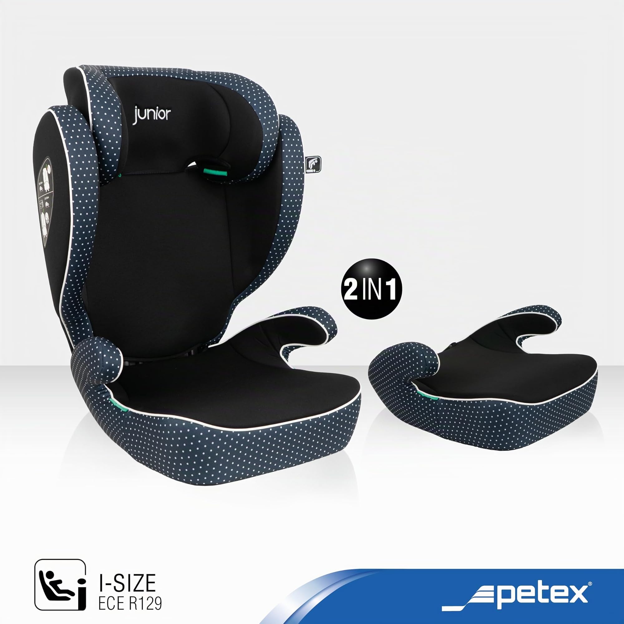 PETEX Asiento infantil para coche Basic i-Size según la norma ECE R129 para niños de aprox. 100 – 150 cm, asiento infantil regulable en altura en azul, 1 pieza