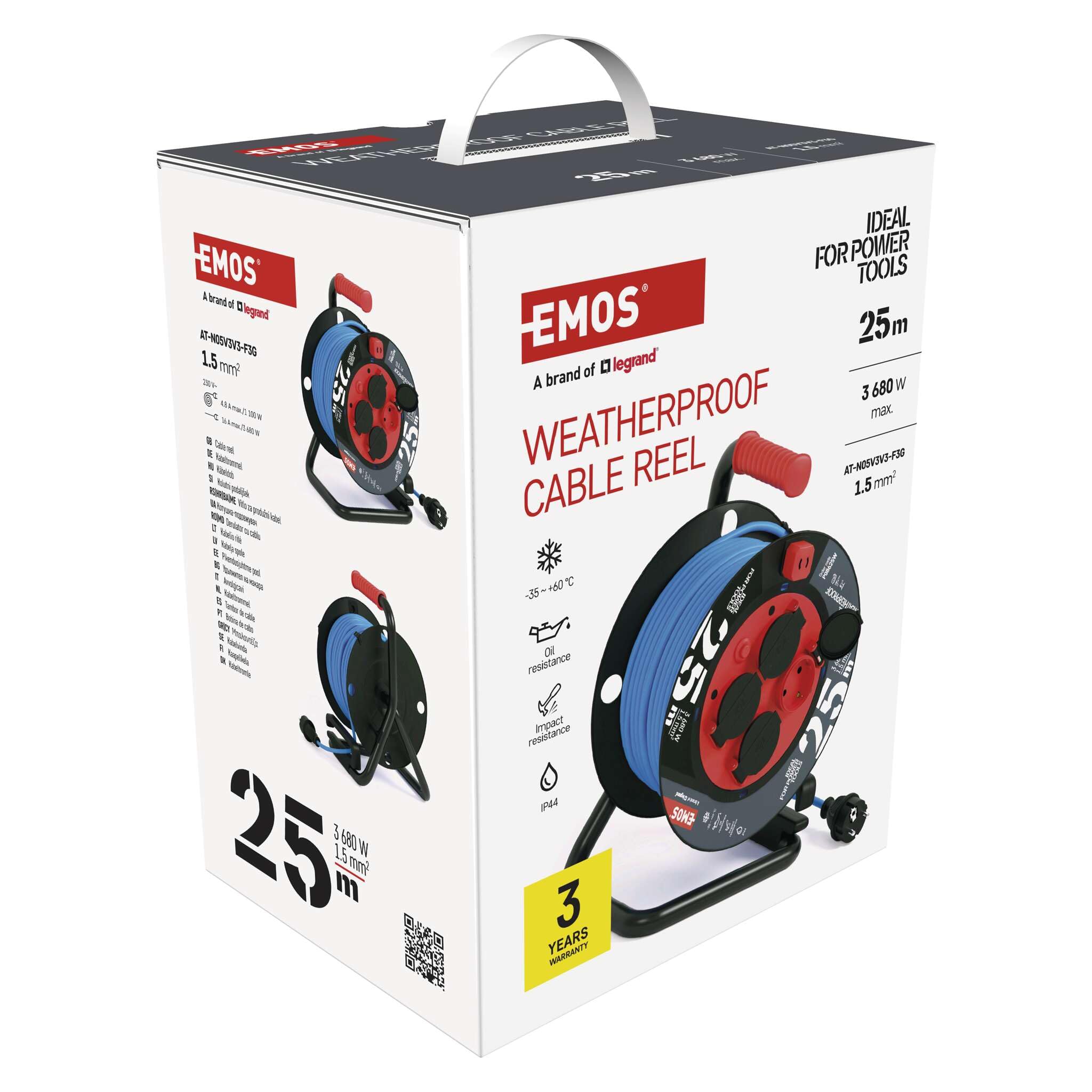 EMOS ganzjährige Outdoor-Kabeltrommel mit Silikon-Isolierung, 25m Kabel 1,5 mm2 mit 4 Schuko Steckdosen, IP44 wasserdicht und frostbeständig für Außenbereich, Industrie, Baustelle