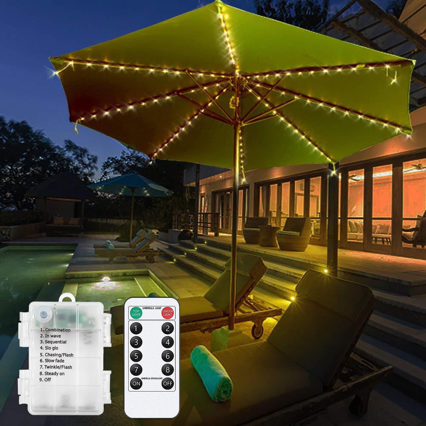 Luces para sombrilla, 104 LED impermeables, a pilas, con control remoto, 8 modos de iluminación para exteriores, patio, jardín y tiendas de campaña (Blanco cálido)