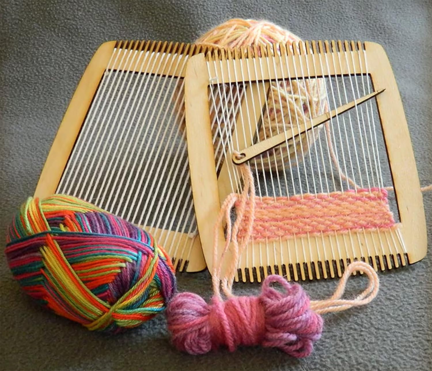 Curious Button Wooden Weaving 2-Loom Kit with 3-Needles & 1-Comb Tool | Size:8 in MDF 2.7 mm Weaving Frame, Pine MDF Craft Tool, DIY Weaving Set, Weaving Loom for Kids Set of 6 Pcs 1