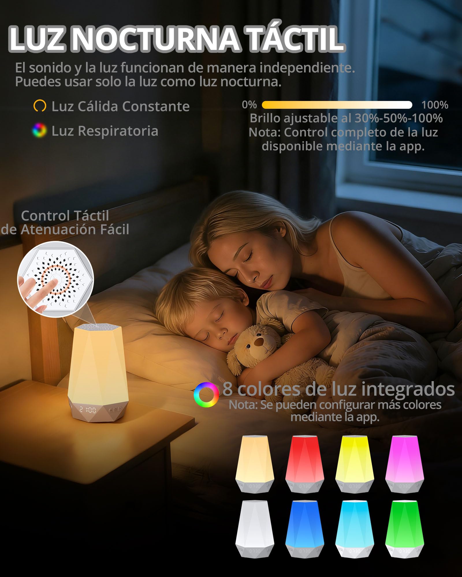 HOMGEN Máquina de Ruido Blanco con 32 Sonidos Calmantes Reloj Despertador Infantil con Entrenador de Sueño Alarma Personalizable Alarma con Luz Regulable Batería Recargable para Niños y Adultos