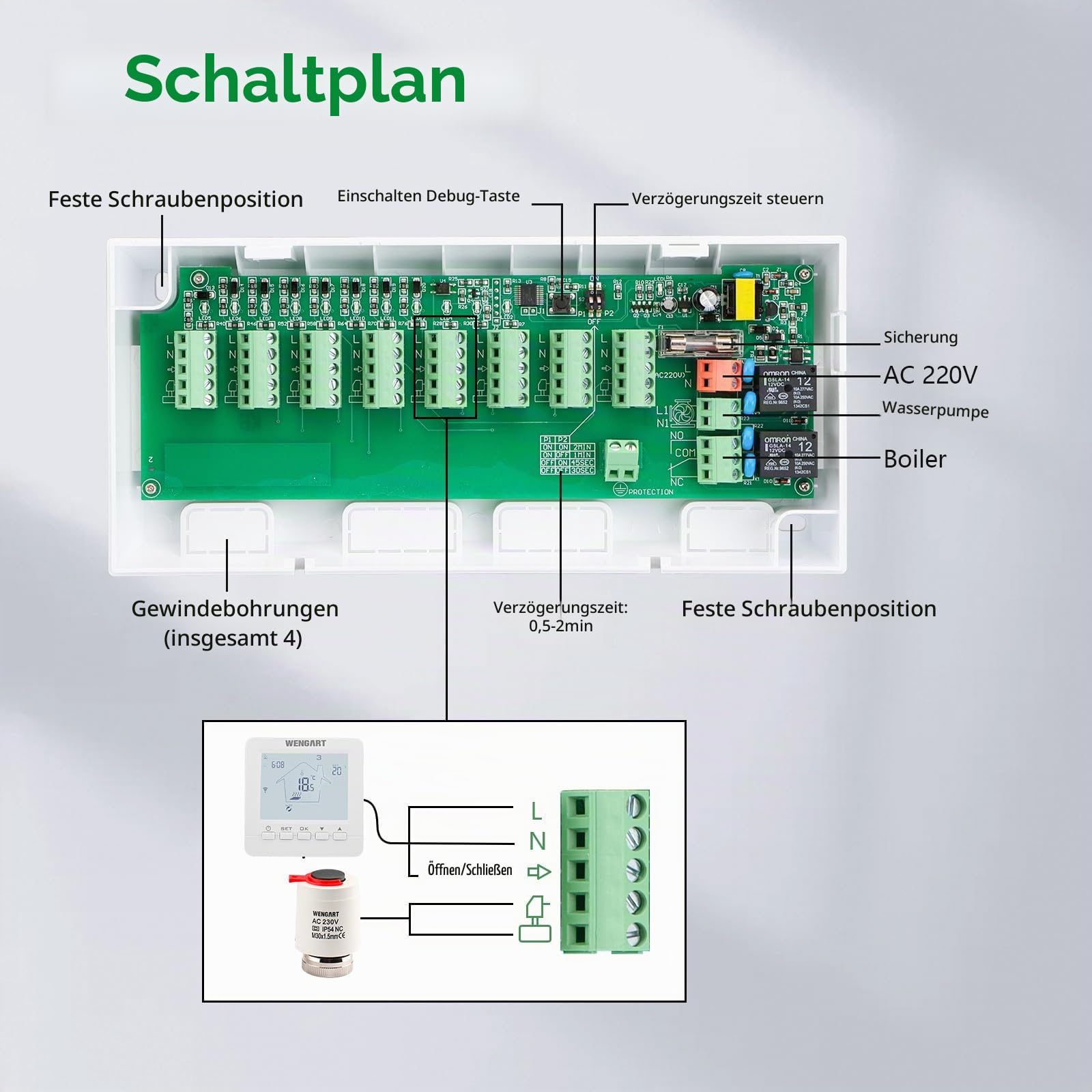 Wengart Fußbodenheizung Verdrahtungszentrum für 230V WG525,Thermostat und Stellantriebe, 8 Zonen Heizungskonzentrator, verbundener Gaskocher und Wasserpumpe, weiß