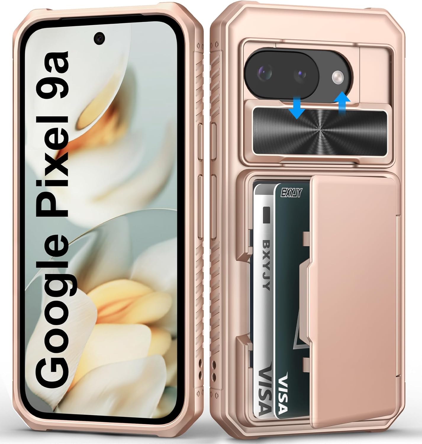 for Google Pixel 9a Case Wallet with Card Holder (4-5 Cards), Military Grade Drop Proof, Slide Camera Cover, RFID Block, Shockproof Heavy Duty Men Women Phone Case for Google Pixel 9a, Gold Rose Gold Pixel 9a