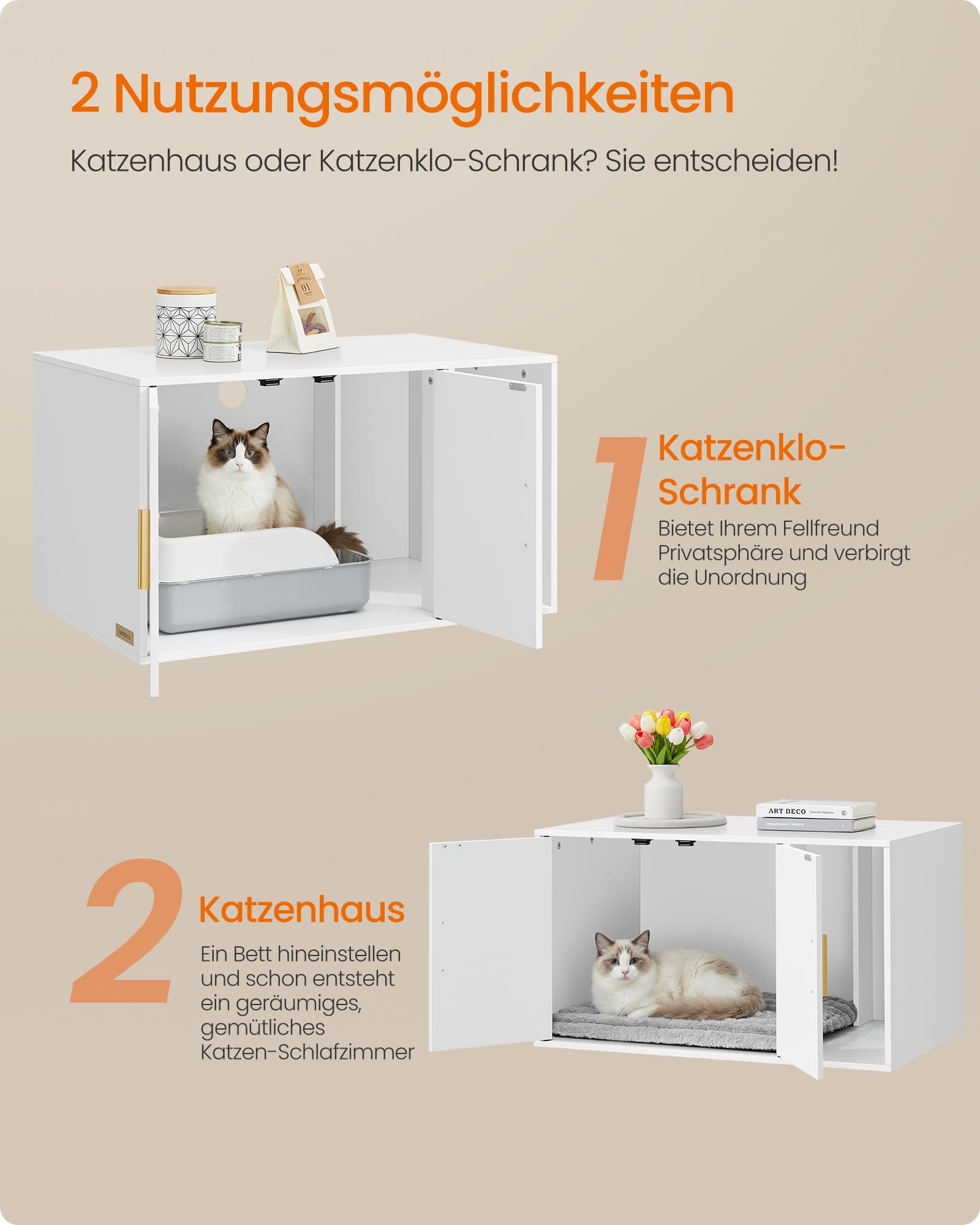 Feandrea Custos Kollektion - Katzenklo-Schrank, Moderne Katzentoilette, Katzenhaus, Vordereingang, Doppeltüren mit Griffen, Beistelltisch, für Wohnzimmer, 80 x 50 x 45 cm, mattweiß PCL020WB02