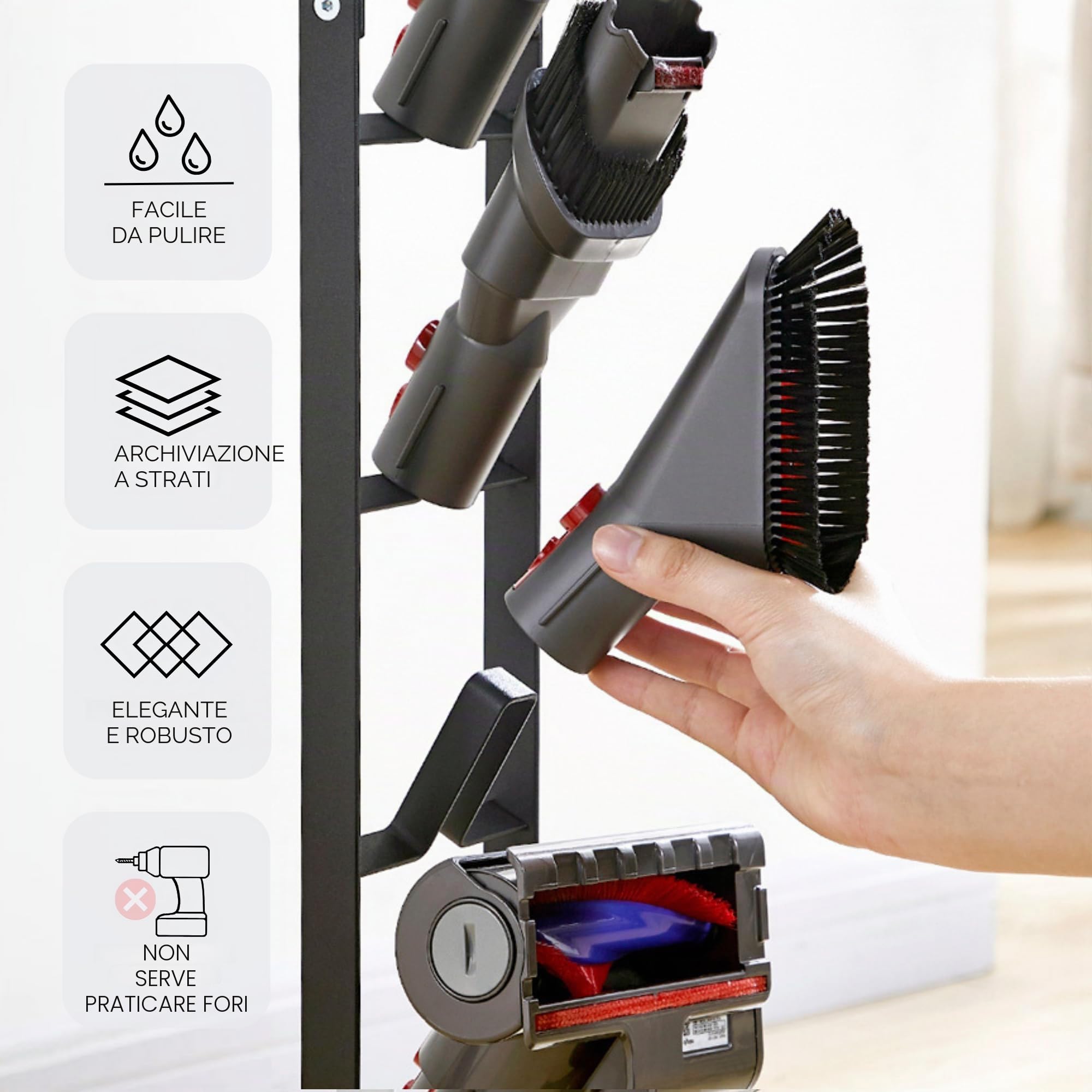 MAGIC SELECT Supporto per Aspirapolvere Compatibile con Dyson V15 V12 V11 V10 V8 V7 V6 - DC45/ DC35/ DC58/ DC59/ DC62/ DC74- Organizzatore da Pavimento con Ruote senza Forare il Muro.