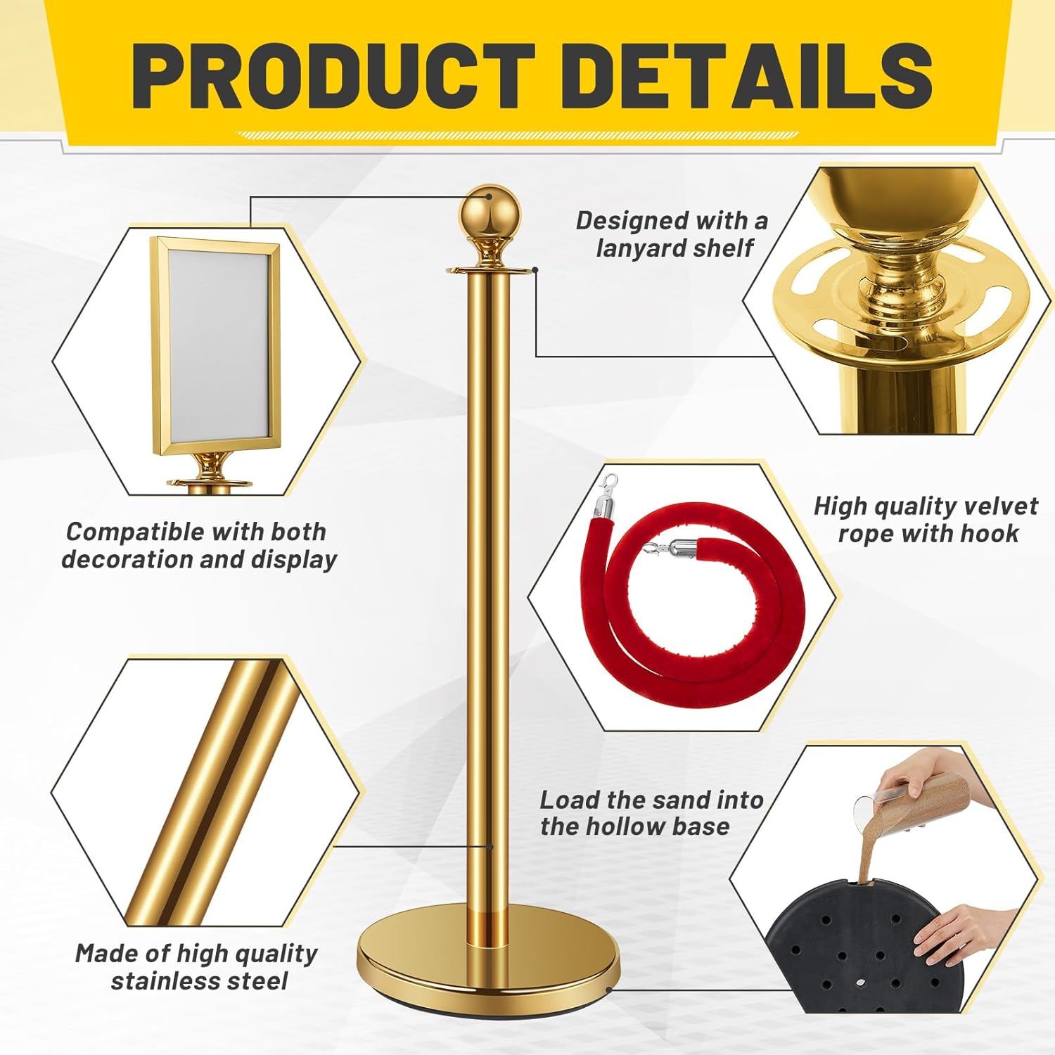 Ferraycle 4 Pcs Stanchion Post, Crowd Control Barriers, 5 ft Red Velvet Rope Red Carpet Ropes and Poles, Stainless Steel Gold Stanchions Used for Theaters, Parties, Wedding, Exhibition