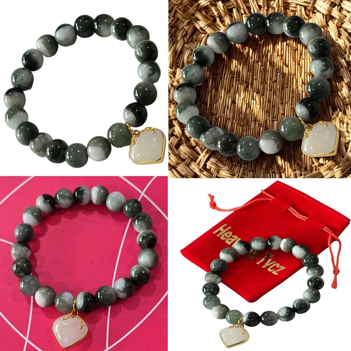 Natural Green Jade Bracelet 8.8mm Real Jade Beads, Feng Shui Lucky Wealth Protection Bracelet, White Heart Charm Stretch Bracelet Gift for Women Men with Red Velvet Pouch