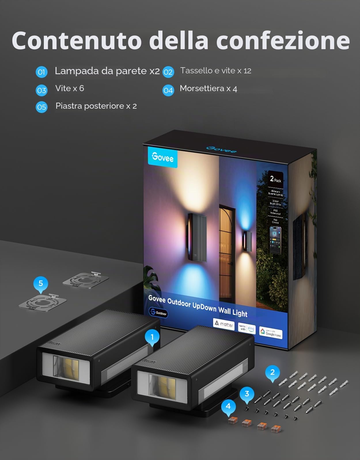Govee Applique da Parete Esterno UpDown, 1400lm RGBICWW, IP66, 2 Pezzi | 2700K–6500K Luci Intelligenti per Portico da Esterno, 64 Scena, DIY, Matter/Alexa/Google, Veranda, Balcone, Terrazza