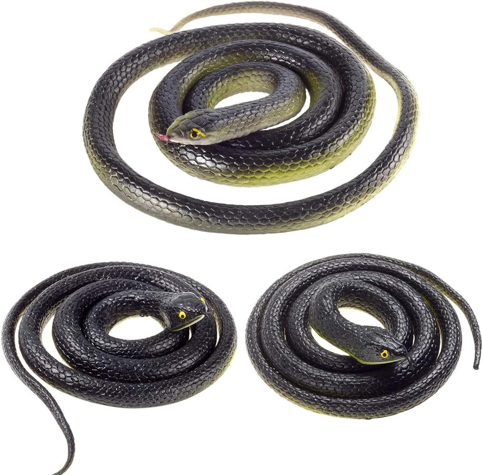 3-Pack Ultra-Realistic Rubber Snakes for Halloween Decorations, Garden Bird Scare, Pranks – Large Fake Black Mamba Toy (47” & 31.5”) – Durable Outdoor/Indoor Props