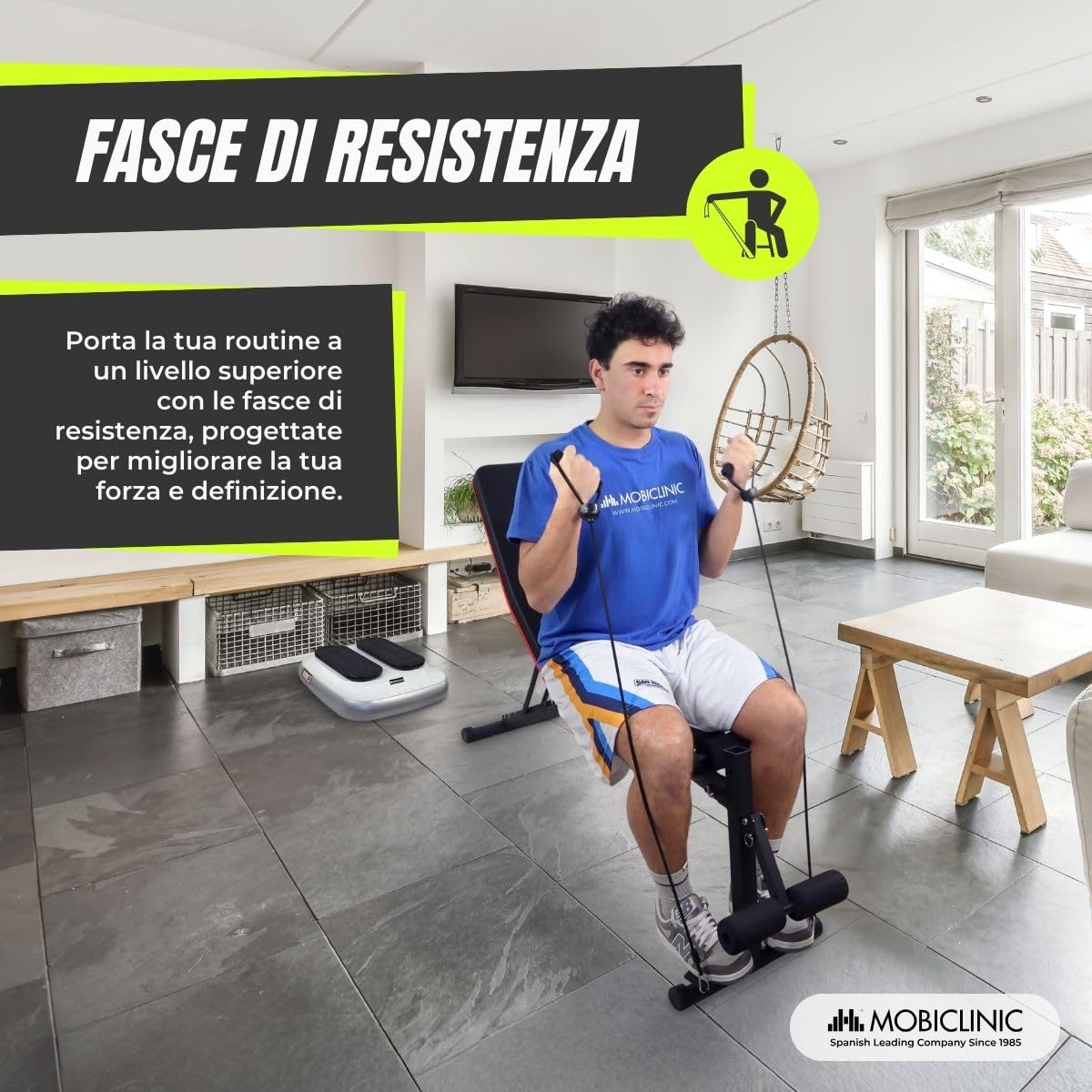 Mobiclinic®, Panca Palestra, Nastro di Resistenza, Pieghevole, Con Ruote, Multifunzione, Stampa di Banca, Regolabile, Declinabile e Inclinabile, Fino a 120kg, Planefit, Palestra Domestica