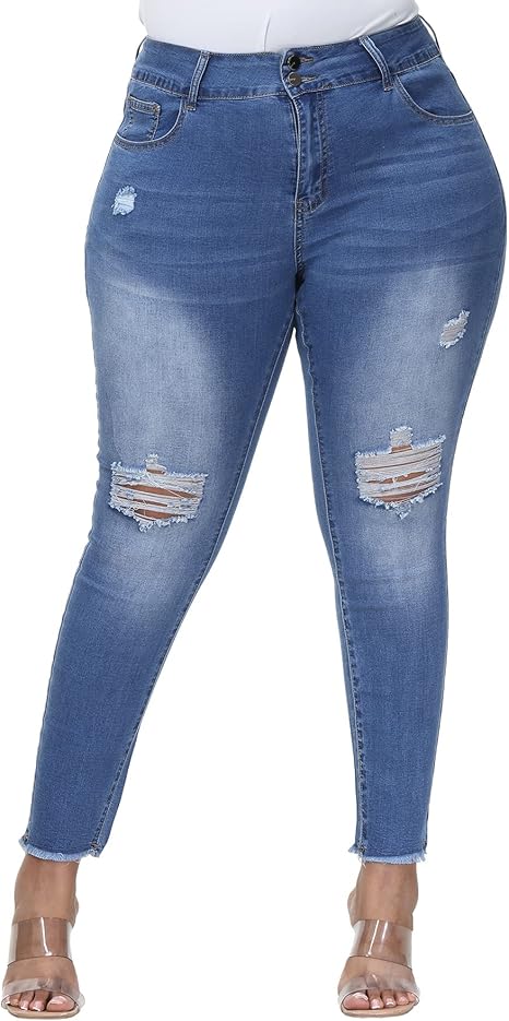 ALLEGRACE Plus Size Jeans for Women High Waisted Stretch Ripped Casual Distressed Skinny Jeans Capri Pants