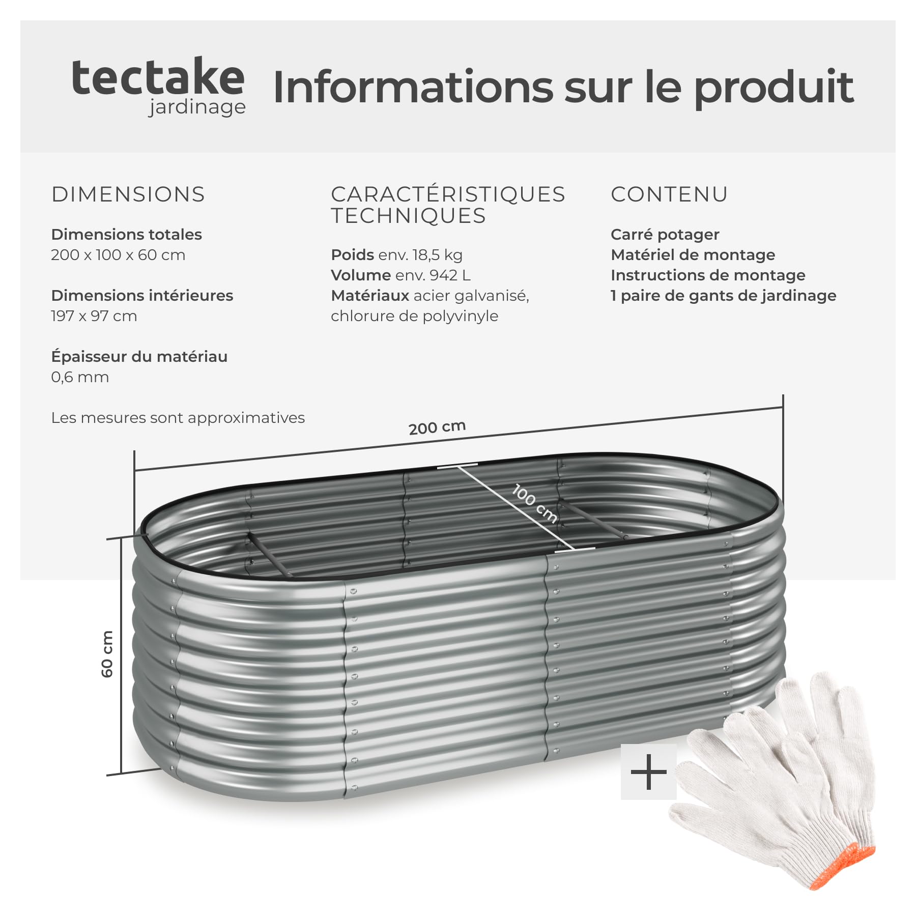 tectake® Lit de Jardin Carré Potager de Jardin surélevé, Bac à semis Jardiniere en Acier galvanisé résistant à la Rouille Serre de Jardin Jardiniere Exterieur Grande Taille 200x100x60 cm