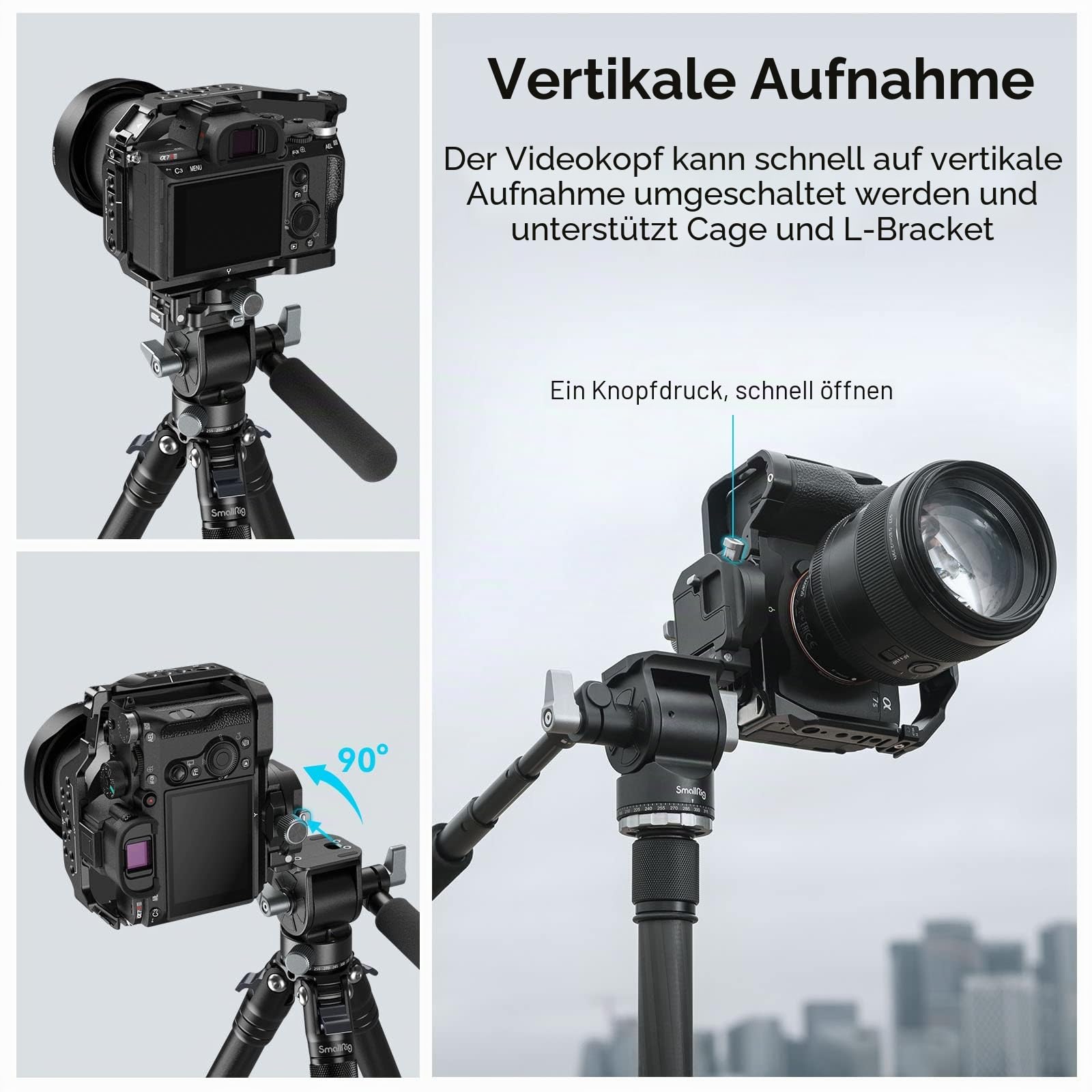SMALLRIG Videokopf für vertikale/horizontale Aufnahmen, Stativ-Schwenk-Neige-Fluidkopf mit Teleskopgriff und umschaltbarer QR-Platte für Arca, maximale Belastung 5kg/11 Pfund für Camcorder - 4104