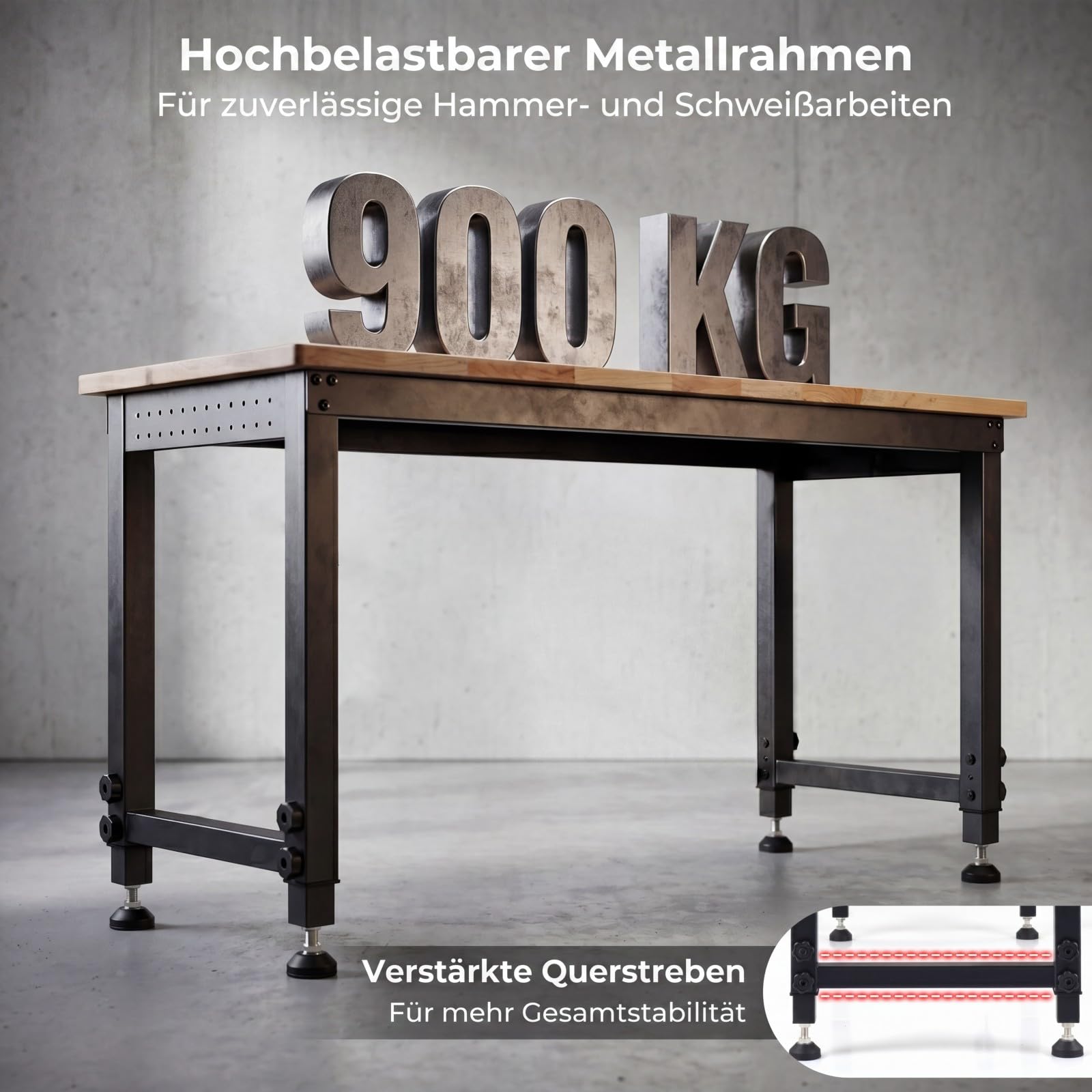 COSTWAY 122 cm schwerlast Werkbank, höhenverstellbarer Arbeitstisch mit Metallrahmen, Lochwand, Steckdose & 2,5 cm Massivholzplatte, Werktisch für Werkstatt, Garage & Zuhause, bis 900 kg blastbar