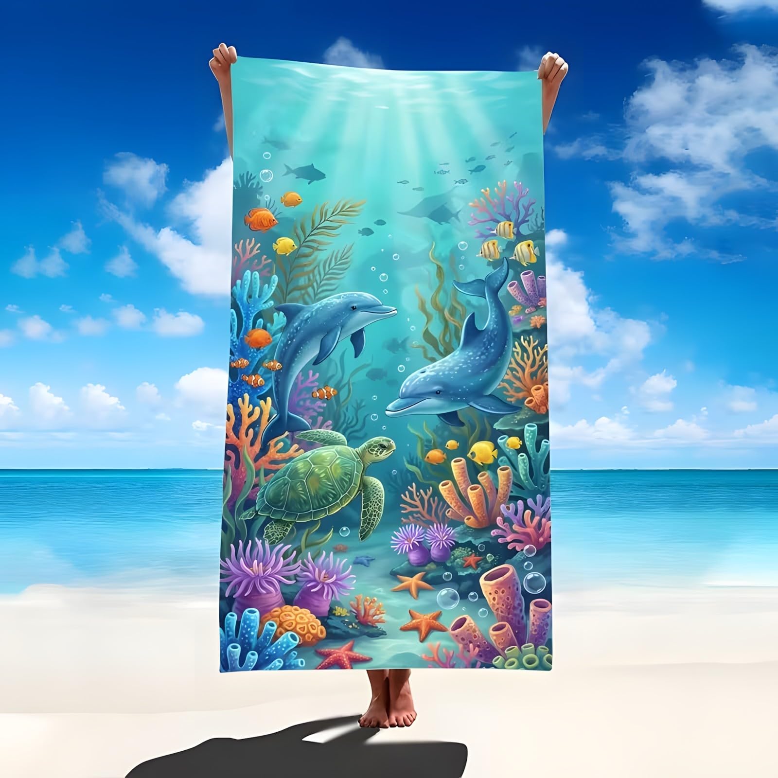 YZQGLHP Ocean Microfibre Beach Towel Dolphins Beach Bath Towel Quick Drying, Lightweight, Sand-Free, Durable, for Pool, Gym, Camping, Travel Towel 90x200cm