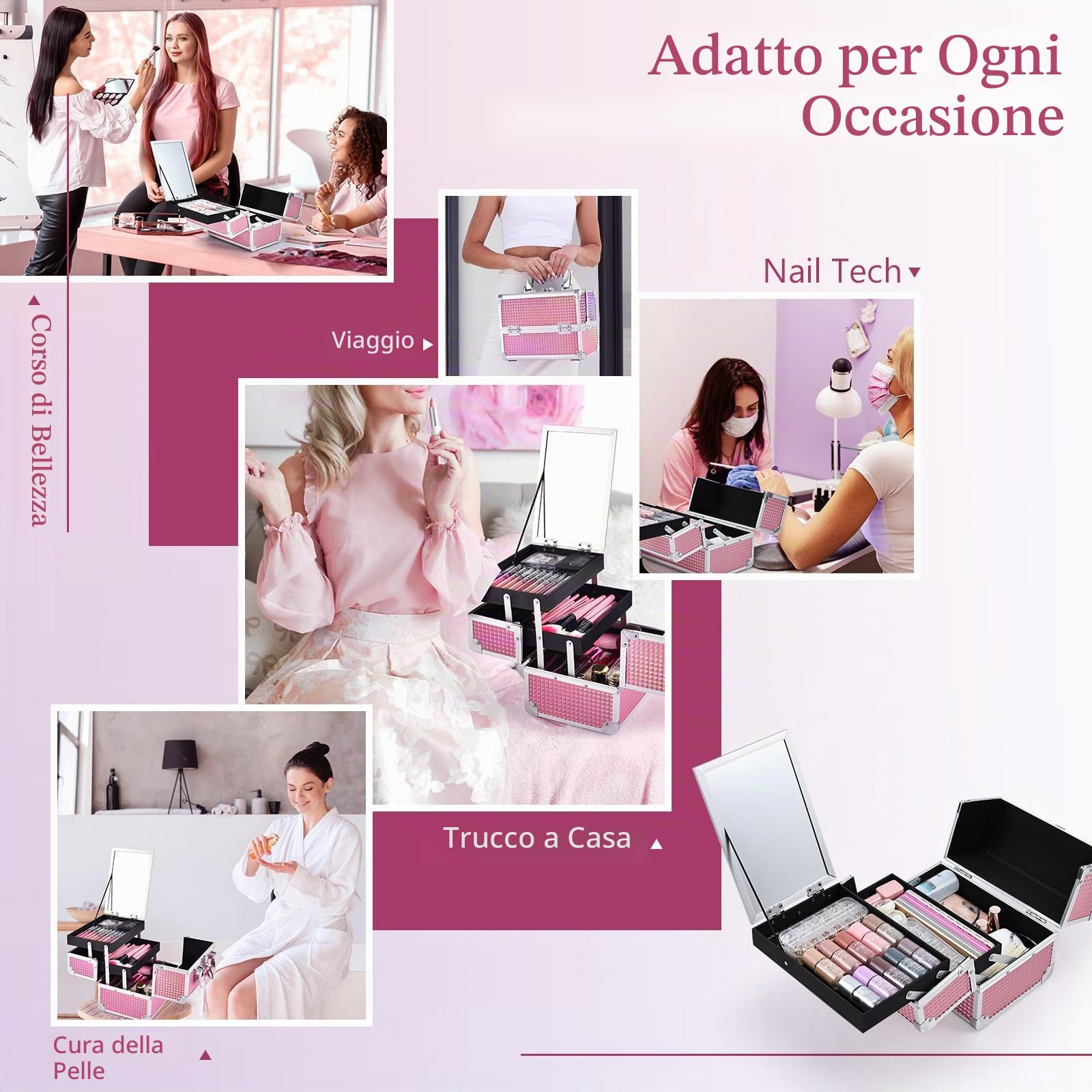 Valigetta Trucchi Beauty Case porta Trucco Valigia porta Trucchi Valigetta per Trucco Vassoi per Truccatore Custodia Cosmetica con Specchio, Rosa Olografico