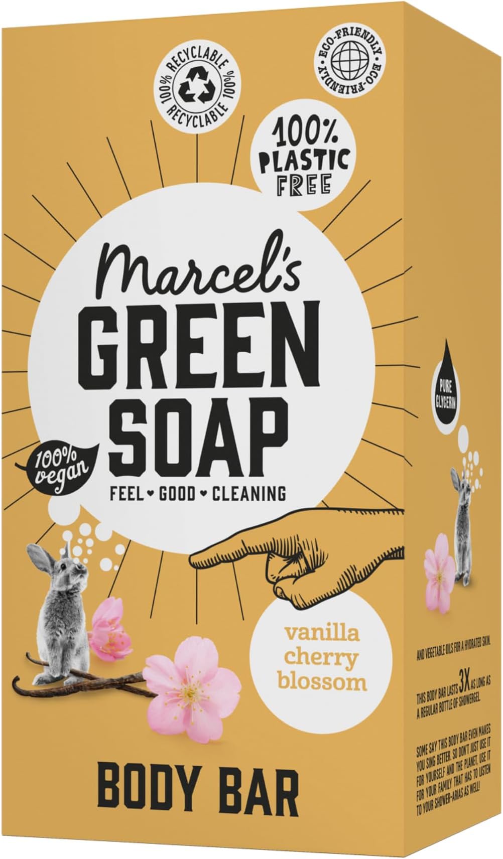 Marcel's Green Soap - Body Bar Vanilla & Cherryblossom - Saves 3 bottles of regular Shower Gel - 100% Eco friendly - 100% Vegan - 97% Biodegradable - 150 G
