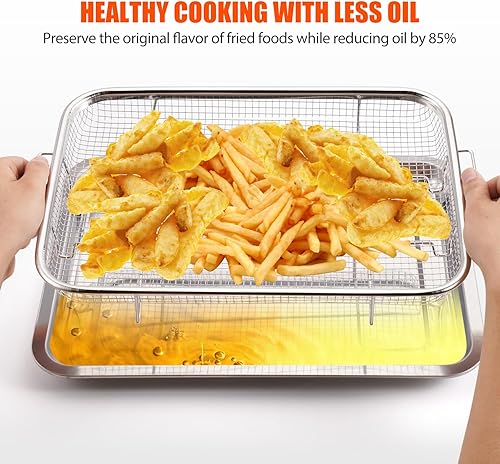 Miniatura 2 de Paquete de 2 cestas para freidora de aire para horno de 15.7 x 11.8 pulgadas, cesta grande para freidora de aire y bandeja de acero inoxidable para